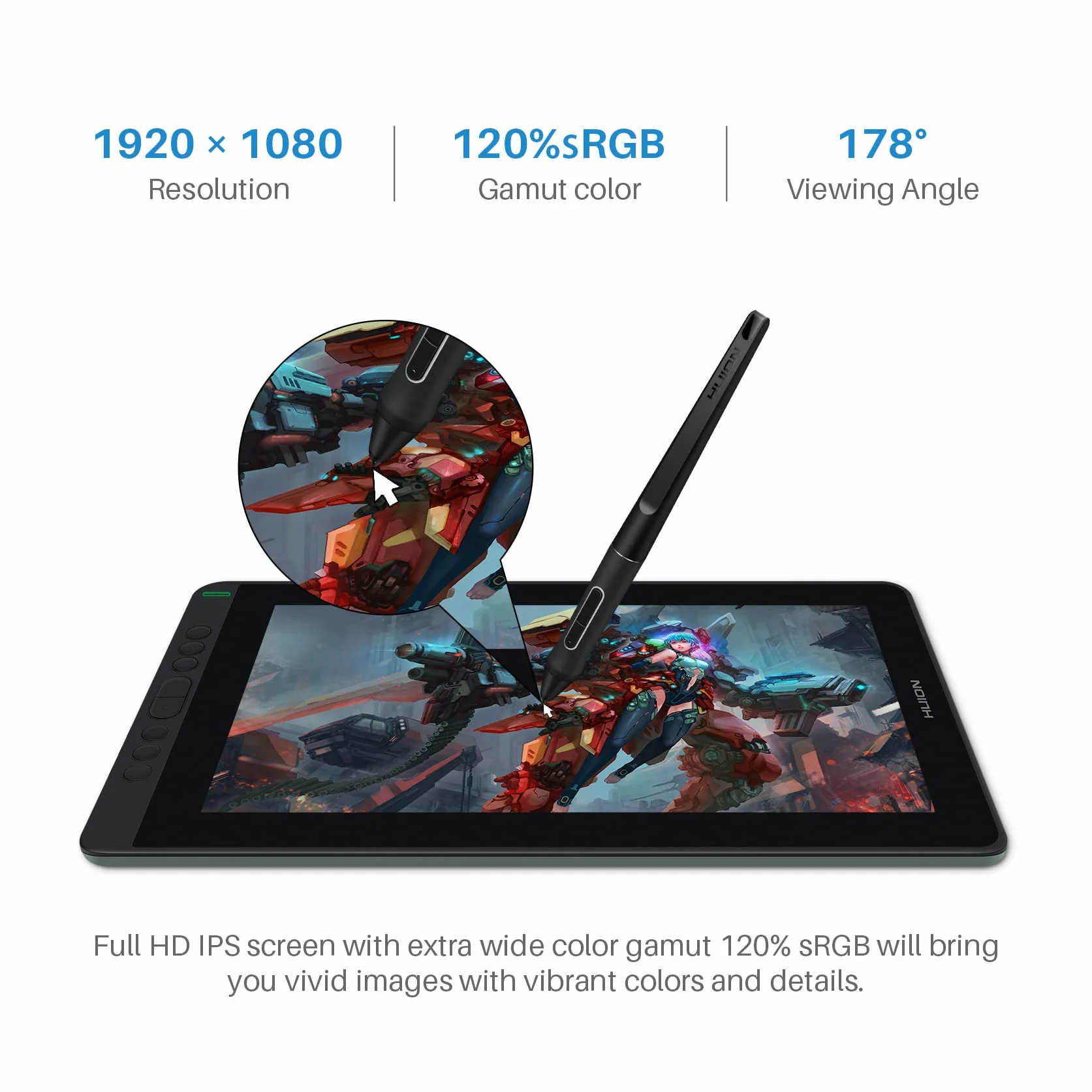 HUION Kamvas 13 tablet graficzny z ekranem, 13,3-calowy zielony monitor do rysowania, w pełni laminowany ekran, 120% sRGB, PW517, obsługa urządzenia z systemem Android, idealny do pracy w domu i nauki