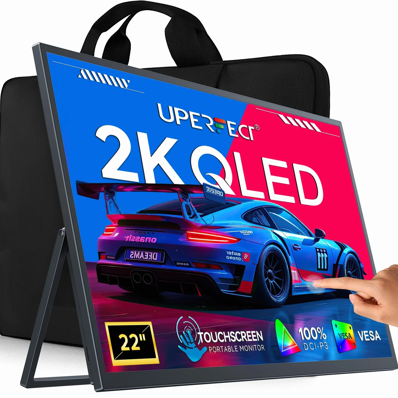 UPERFECT Przenośny monitor 2K 22", ekran dotykowy z wyświetlaczem IPS 2560 x 1440, mini HDMI, USB C, do komputera, laptopa, telefonu komórkowego, Xbo Switch PS4/5, kompatybilny z VESA