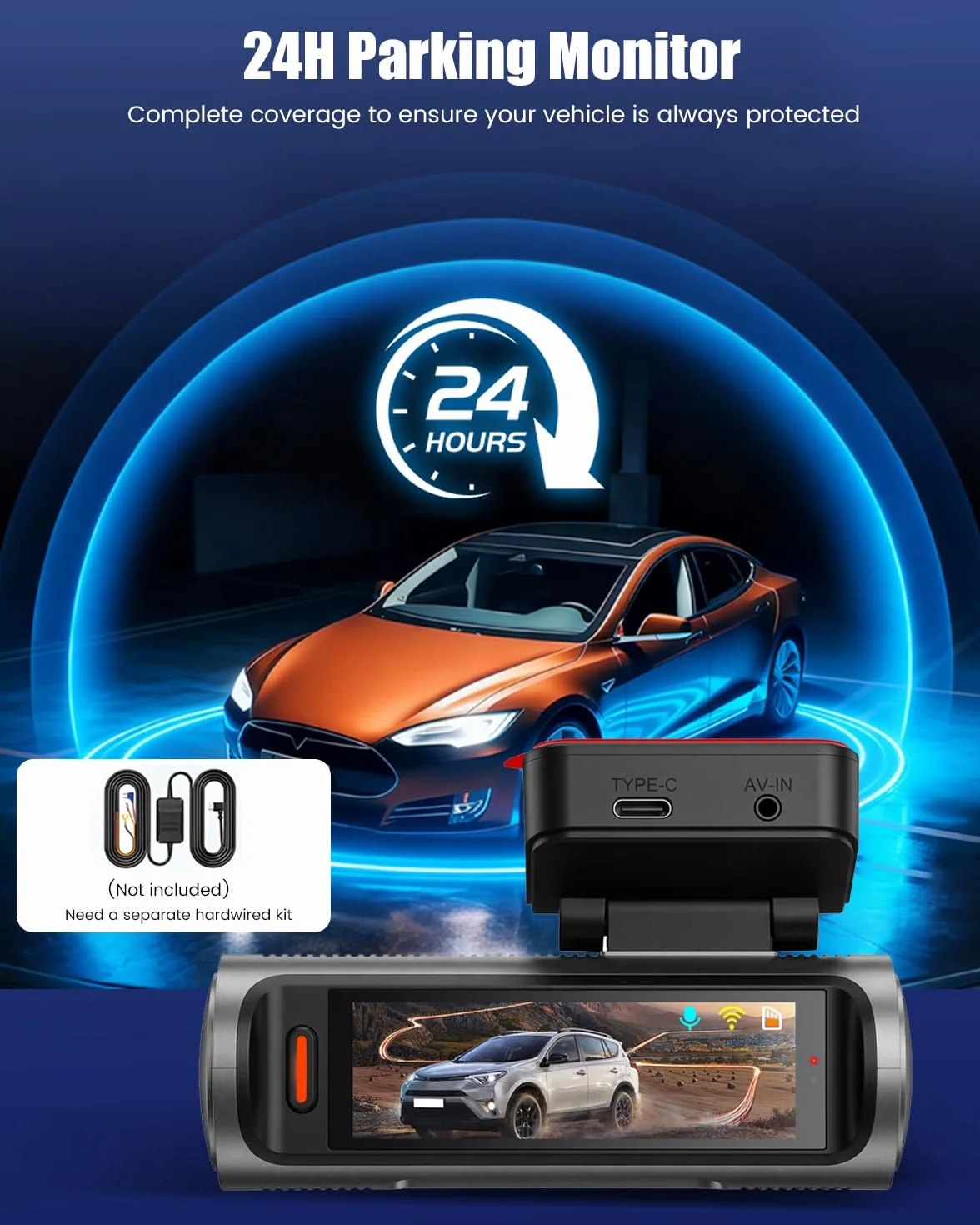 Kamera samochodowa 4K przód/tył, 2-kanałowy aparat samochodowy z kartą SD 64 GB, ekran dotykowy IPS 3,2", szeroki kąt, noktowizor, czujnik G, kamera Dash Cam WiFi z nagrywaniem w pętli