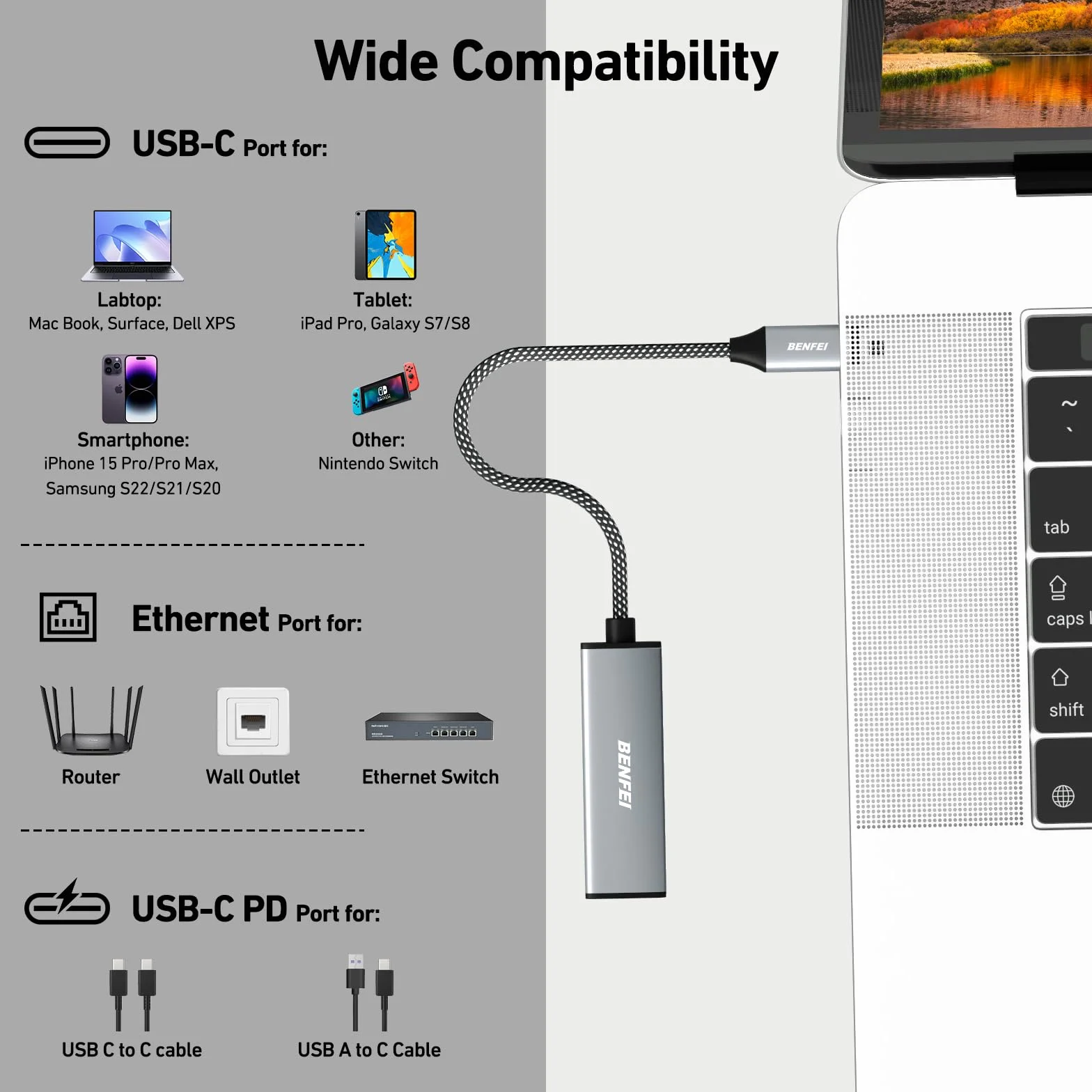 BENFEI Gigabitowy adapter USB-C na Ethernet z zasilaniem 100 W, adapter sieciowy Thunderbolt 3/4 na RJ45 Ethernet LAN, kompatybilny z iPhonem 15 Pro/Max, MacBookiem Pro/Air 2023, iMac