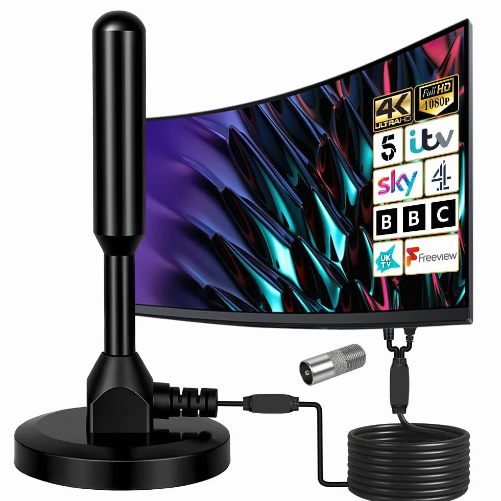 Najnowsza antena HDTV, przenośna antena cyfrowa HD z podstawą magnetyczną, wewnętrzna antena telewizyjna do Smart TV, antena DVB-T/T2, do transmisji Freeview i DAB, kabel koncentryczny 16,5 m