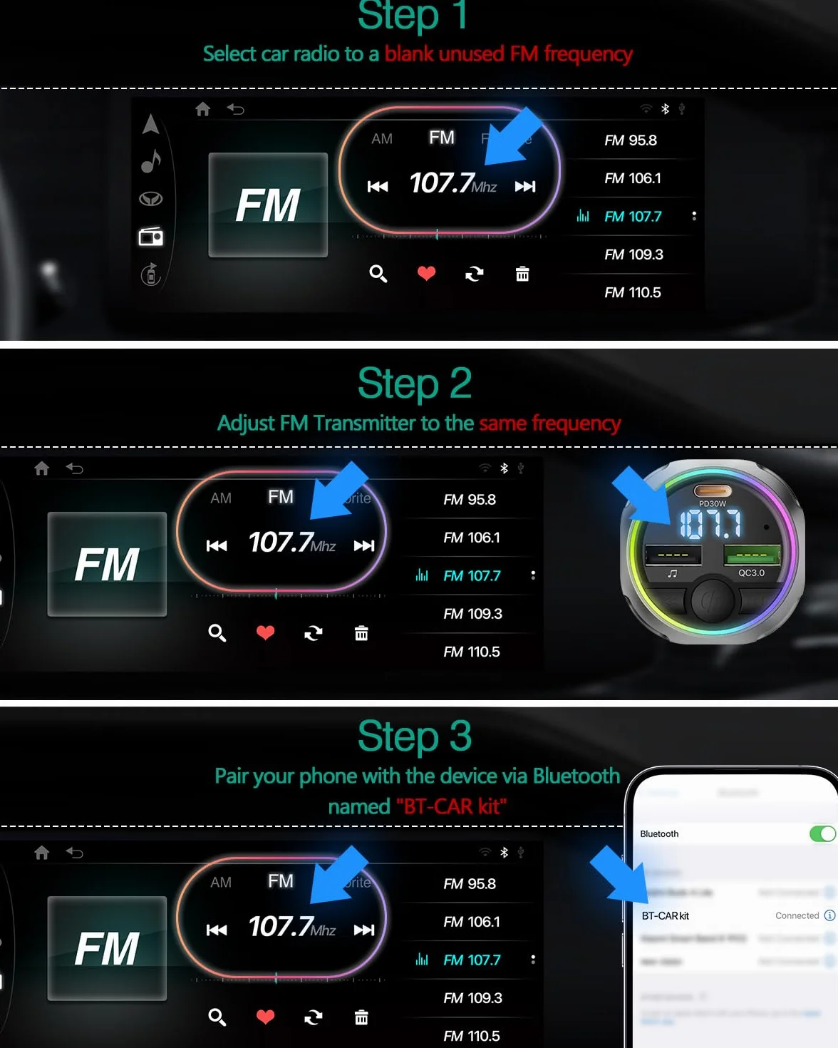 ORIA Nadajnik FM Bluetooth 5.3 60 W, bezprzewodowa ładowarka samochodowa z PD 30 W i QC3.0 18 W, obsługa napędu USB, kolorowe światło oddechowe, połączenia bez użycia rąk, adapter audio radia