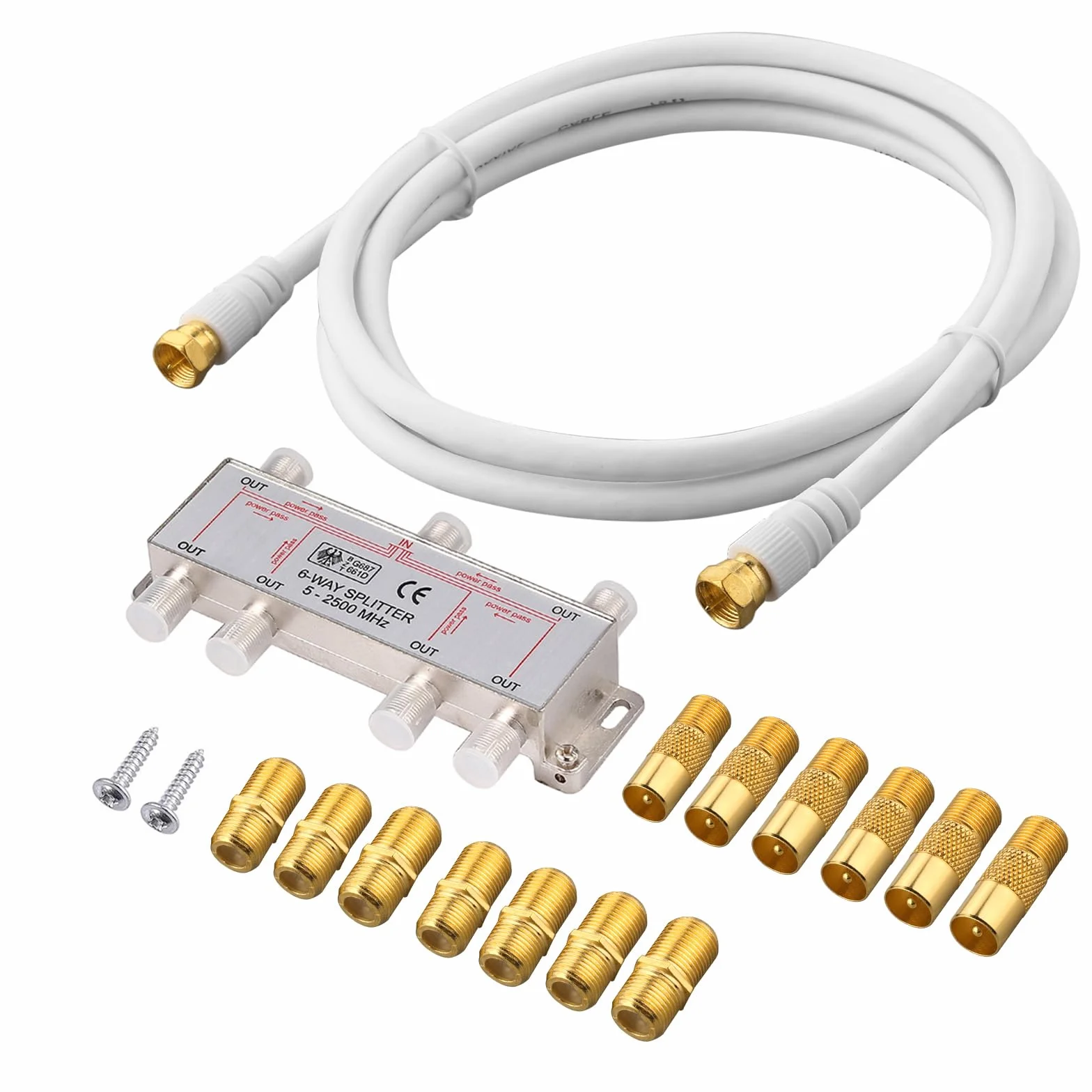 Justech 6-drożny rozdzielacz satelitarny koncentryczny 5-2500 MHz 1,5 m kabel F wtyczki