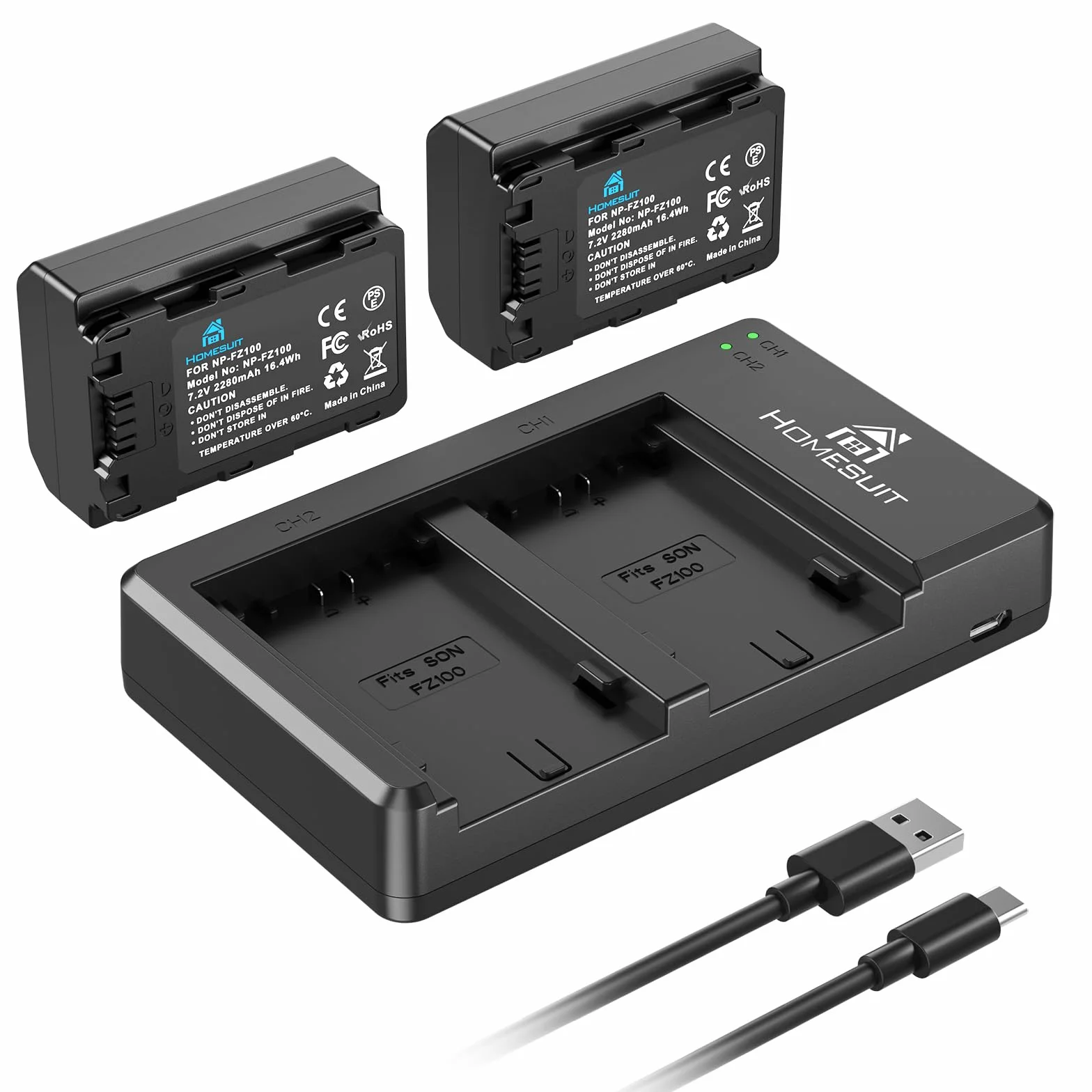 Homesuit NP-FZ100 akumulator 2280 mAh i podwójna ładowarka do Sony ZV-E1 FX3 FX30 A7RIII A7RV A7RIV A7SIII A7III A7IV A7C A7CII A6600 A6700 Alpha A1 A9 A9II A9III 9R A9R 9S (2 sztuki)