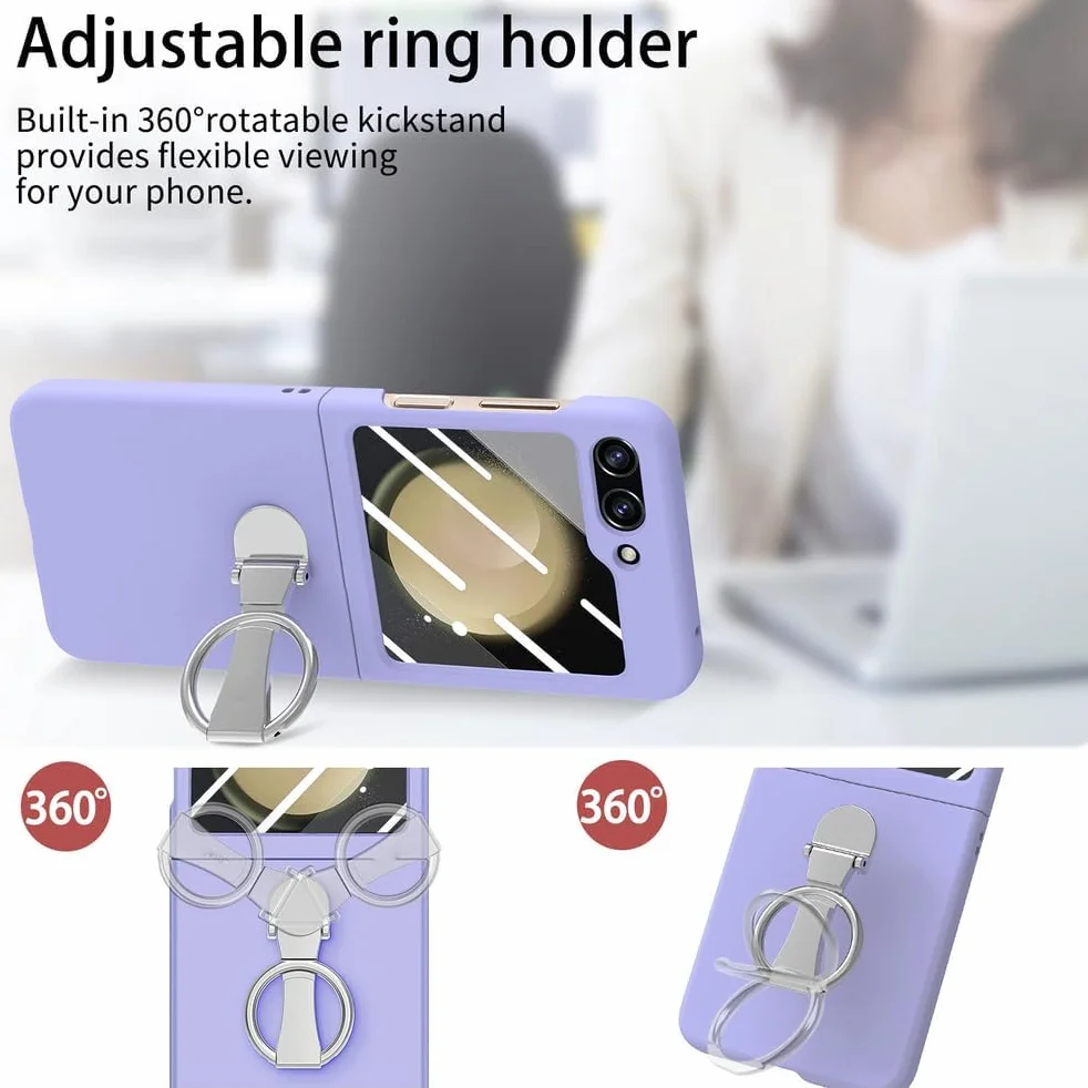 Odporne na wstrząsy etui do Samsung Galaxy Z Flip 7, osłona ekranu ze szkła hartowanego, etui na telefon z metalowym uchwytem pierścieniowym, stojak, smukłe, twarde etui z PC, fioletowe
