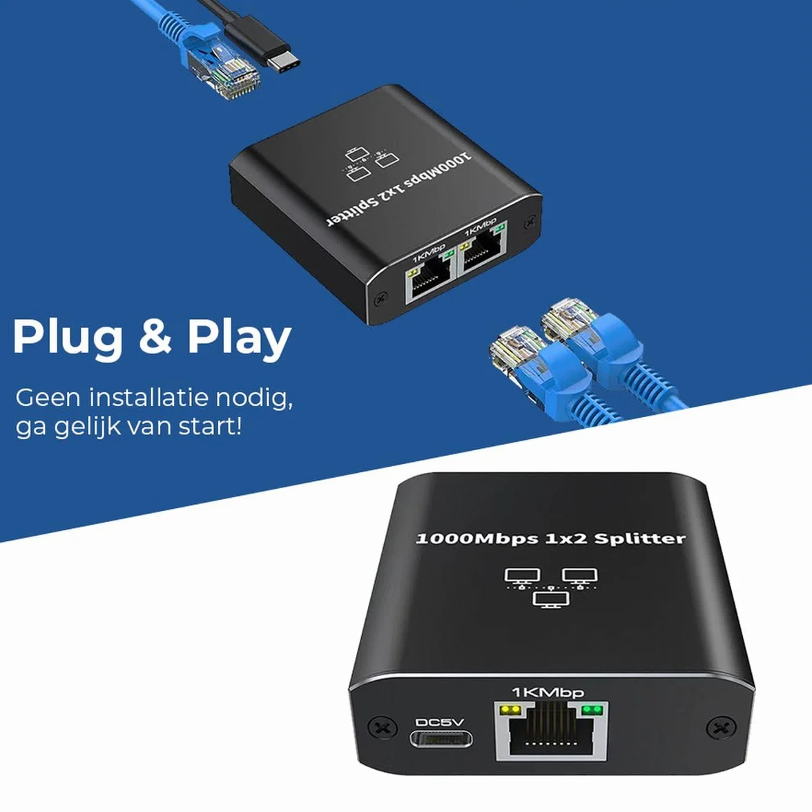 rozdzielacz Internetu, 2 porty, do 1000 Mb/s, od 1 do 2, LAN, UTP, RJ45, rozdzielacz sieci, rozdzielacz UTP, rozdzielacz Ethernet, przełącznik Ethernet, przełącznik sieciowy