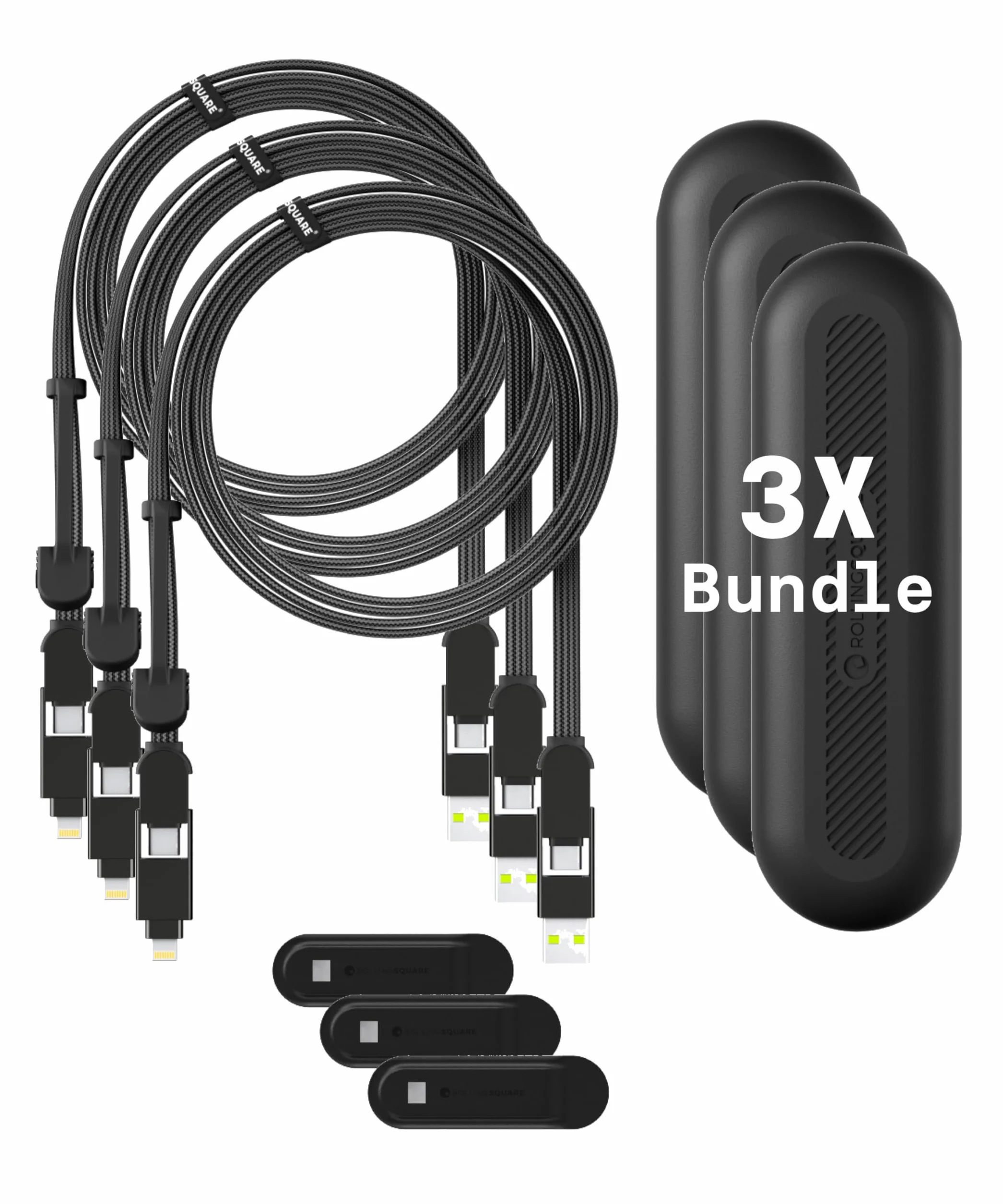 Rolling Square inCharge XL 200 cm – kabel USB C, uniwersalny kabel do smartfona, prezent dla mężczyzn, uniwersalna ładowarka 6 w 1 do smartfonów, czarny, kabel Lightning 100 W, opakowanie 3 szt