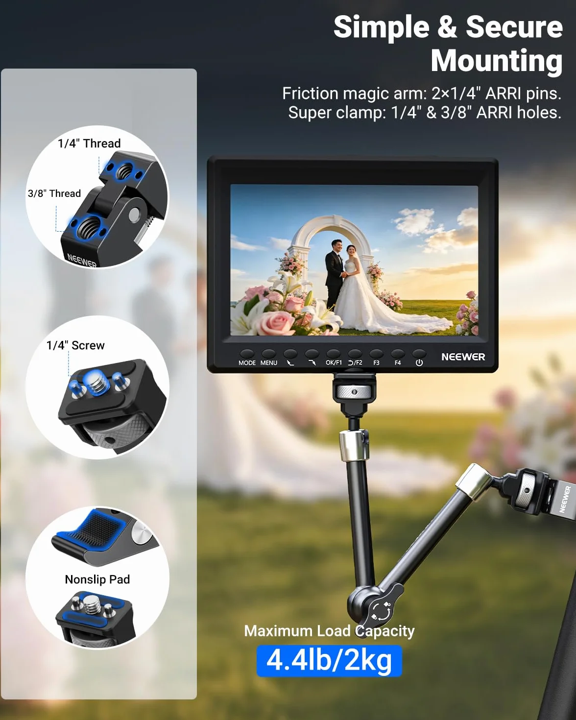 Neewer 11-calowy przegubowy magiczny uchwyt zaciskowy z super zaciskiem, uchwyt na monitor kamery z pinami i otworami 1/10.2 cm 3/20.3 cm ARRI do lustrzanek cyfrowych, lampa wideo kompatybilna z