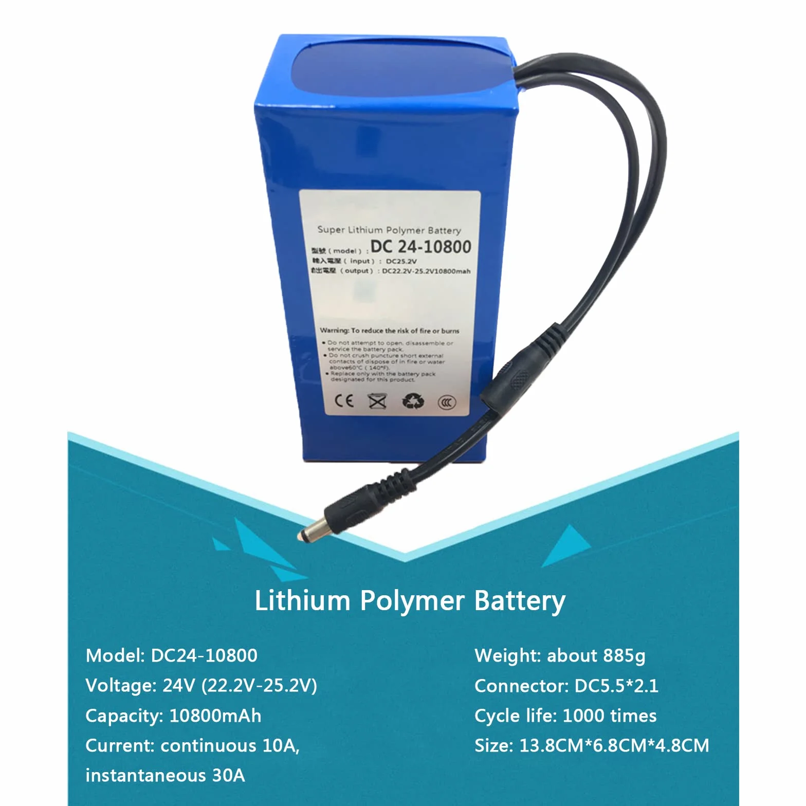 DC 24 V litowo-polimerowy akumulator litowo-jonowy 10800 mAh o dużej pojemności, pasuje do taśm LED, lamp górniczych, modeli samolotów, zabawka elektryczna z ładowarką