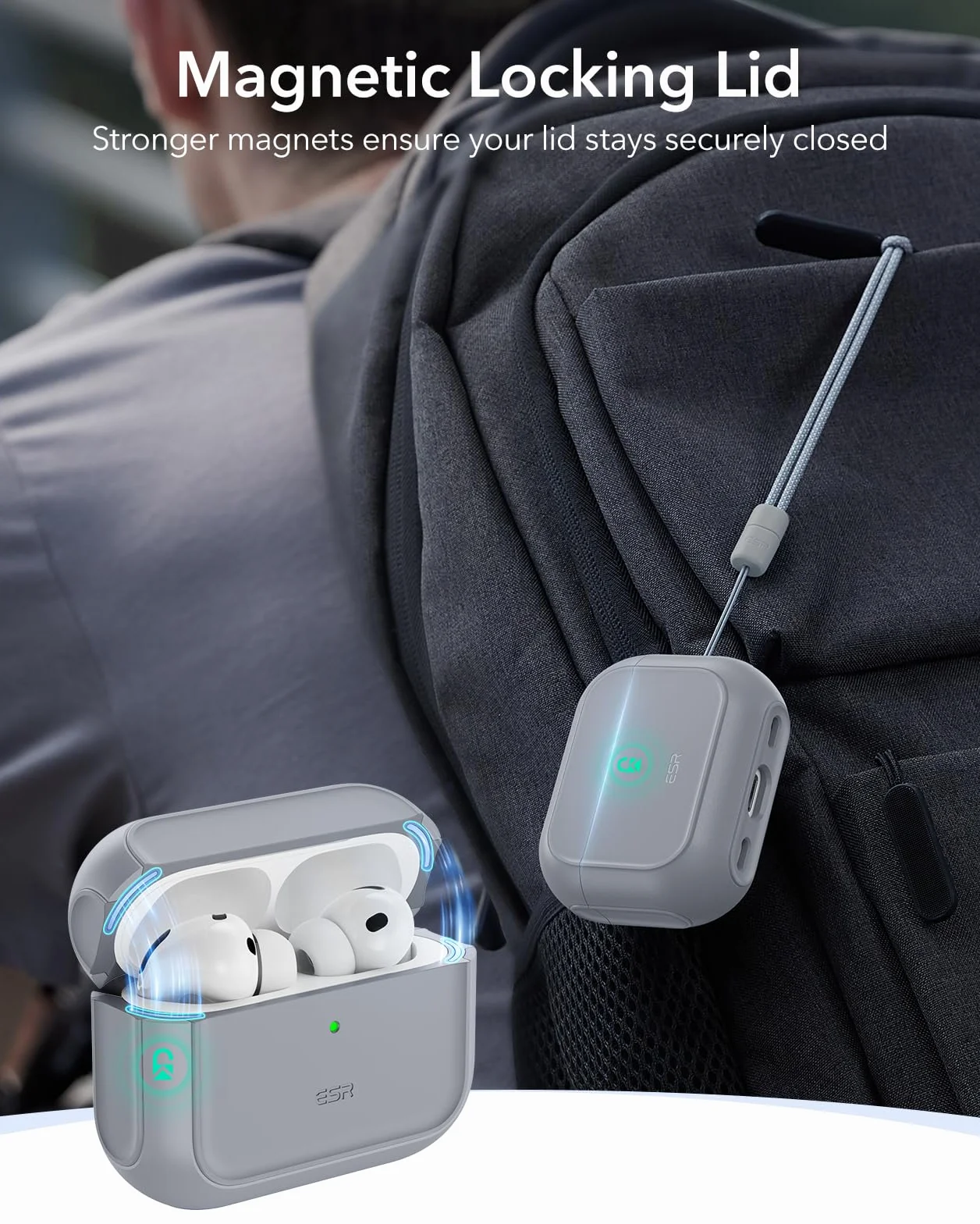 ESR Etui do AirPods Pro 3, kompatybilne z AirPods Pro 3. generacji (2025), kompatybilne z MagSafe, etui z pełną ochroną z rzepem, szare