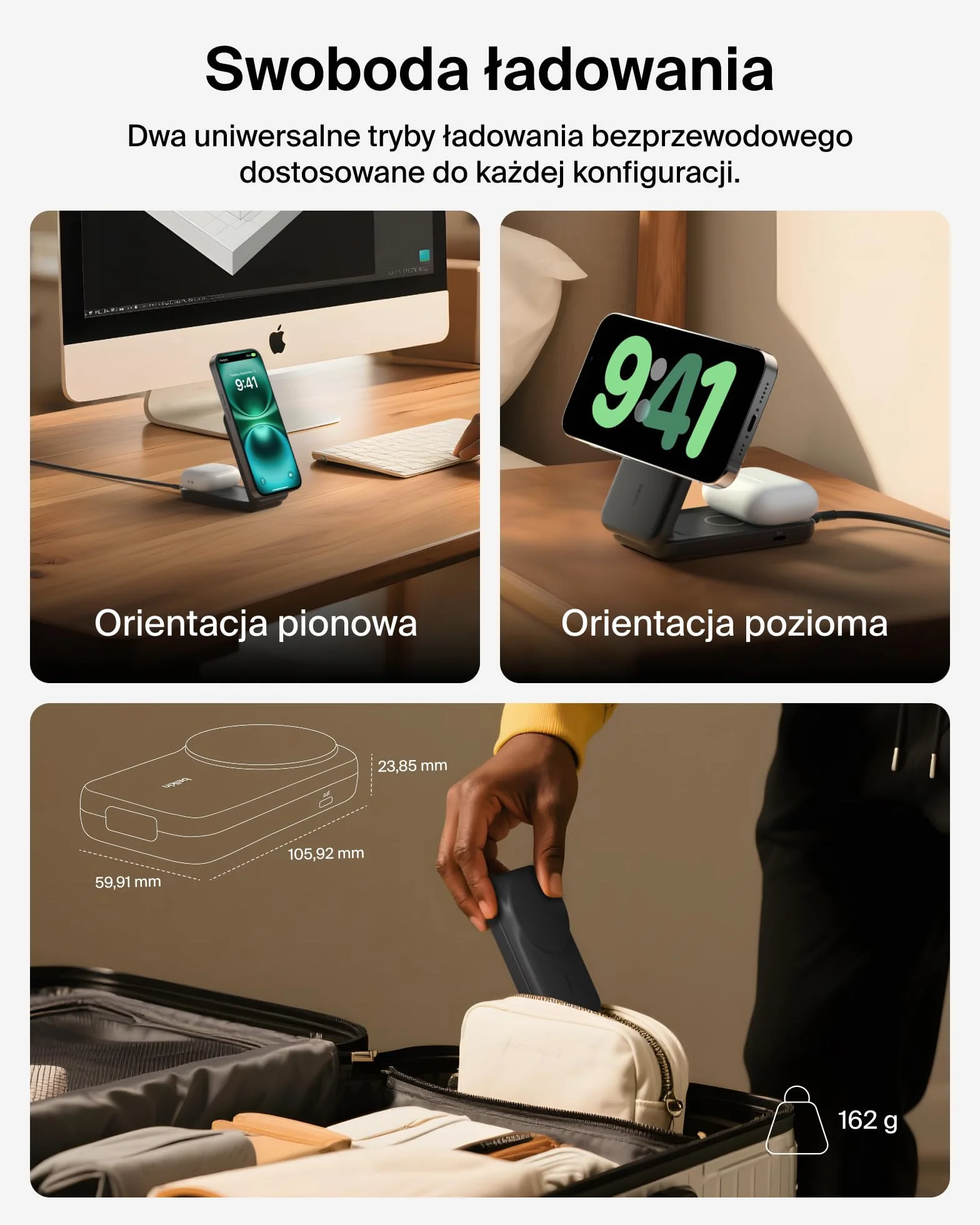 Belkin UltraCharge Qi2 25W Ładowarka Bezprzewodowa 2 W 1, Kompatybilna z MagSafe, Stacja Ładująca do IPhone 16, AirPods, Pixelsnap, Rozkładana Podstawka z Portem USB-C i Zasilaczem 45W, Czarna