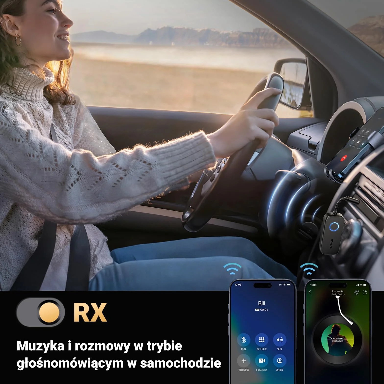 UGREEN Lotniczy aptX Bluetooth 5.3 Nadawca z Dodatkowym Podwójnym 3.5 mm AUX Adapterem, Adapter Bluetooth dla dwóch słuchawek, takich jak Airpods, 2 w 1 Bluetooth Nadawca i Odbiorca Kompatybilny z TV