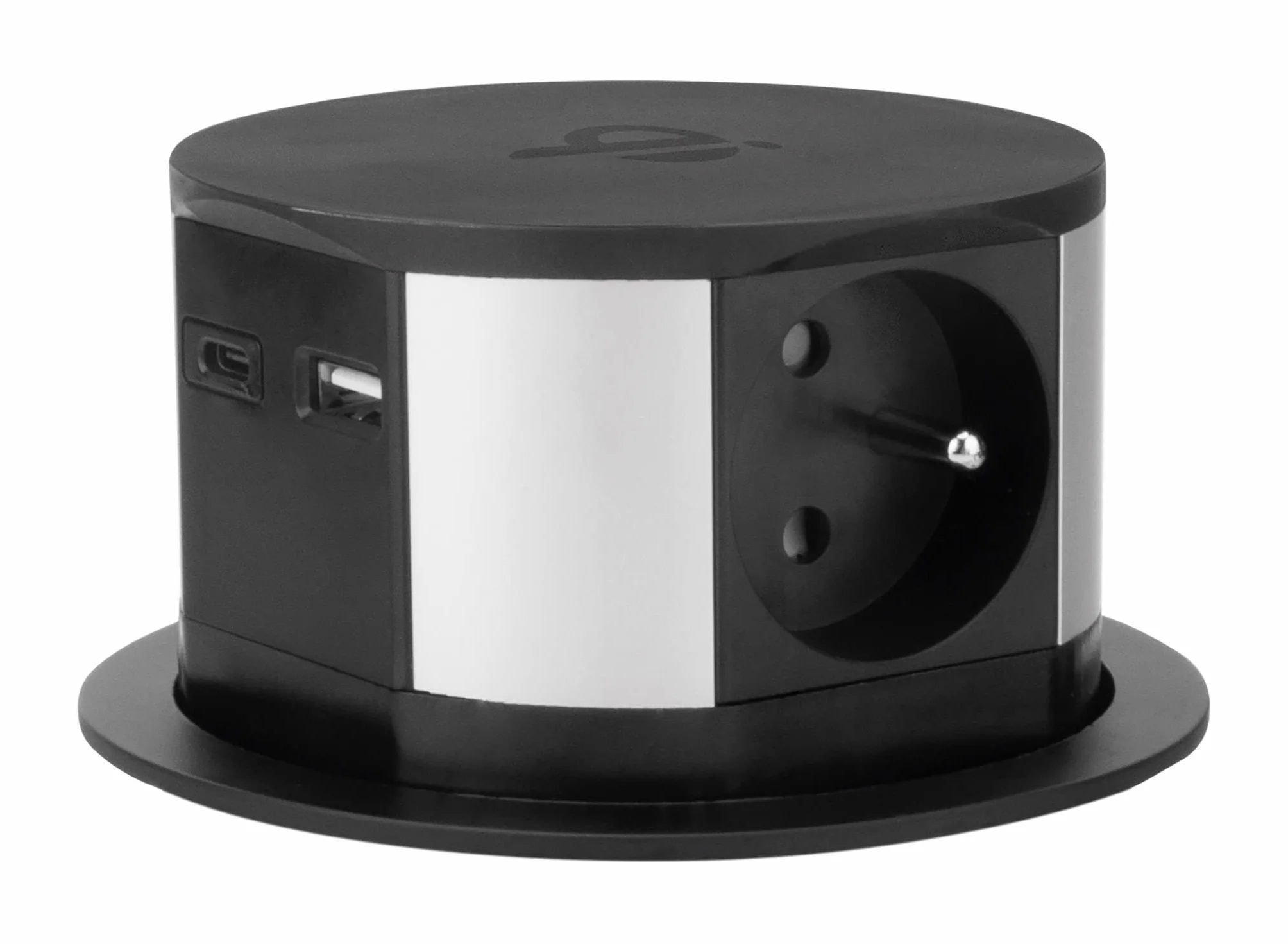 Otio, listwa zasilająca do zabudowy z 3 gniazdami 16 A + 2 portami USB (USB-C) i ładowarką indukcyjną 10 W - czarna - kabel 1,5 m - średnica wiercenia Ø10 cm - wysokość po rozłożeniu 6 cm