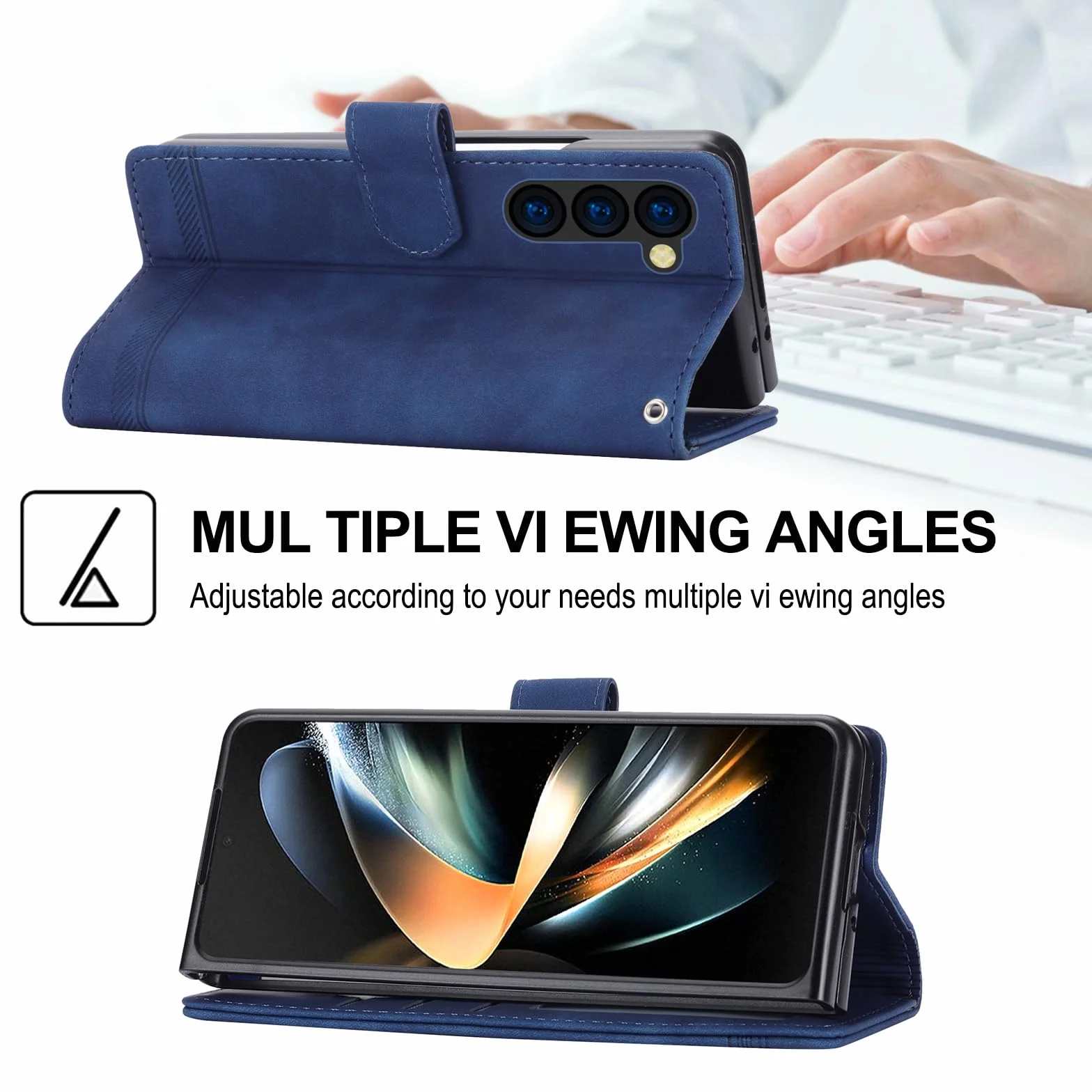 Portfel ochronny do Samsunga Galaxy Z Fold 5, skórzane etui z klapką z paskiem na nadgarstek, miejsce na kartę, pełna ochrona ciała, etui na telefon komórkowy, niebieski