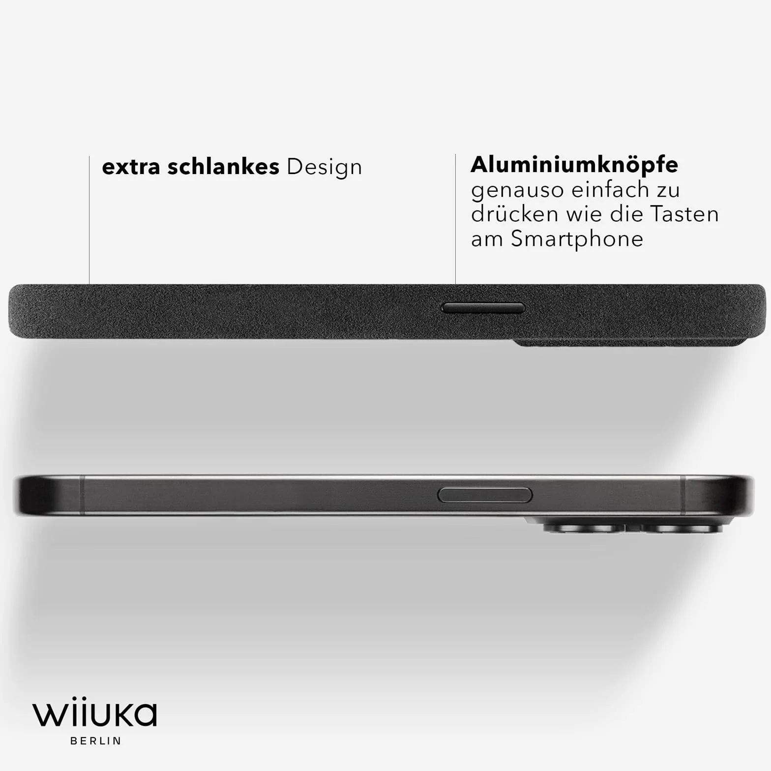 WIIUKA Etui do iPhone 15 Pro Max, oryginalne Alcantara®, ręcznie wykonane, bardzo cienkie, premium etui na telefon komórkowy, Case, Qi, alternatywa dla skóry, skiin Alcantara, czarne