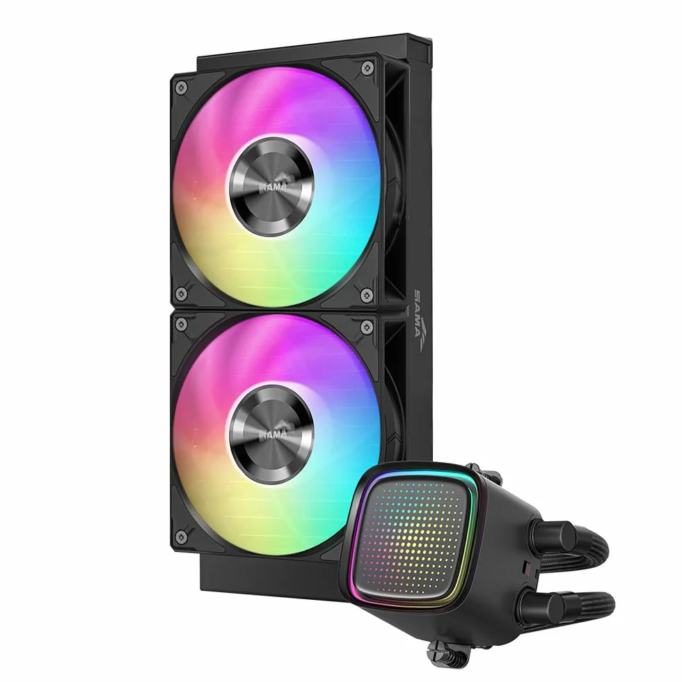Chłodzenie wodne CPU SAMA L50 240 mm, efekt nieskończonego lustra, czarny | Intel LGA 1851/1700/1200/115X, AMD AM5/AM4, 2x120mm ARGB (synchronizacja z płytą główną), PWM, cicha praca, wentylatory 28 mm