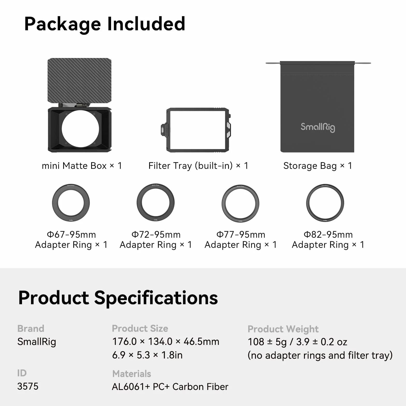 SMALLRIG Mini Matte Box Lite z Flagą Górną do Lustrzanek Cyfrowych i Aparatów Bezlusterkowych, Kompatybilny z Obiektywami 67mm/72mm/77mm/82mm/95mm, Dostarczany z Tacą na Filtry - 3575