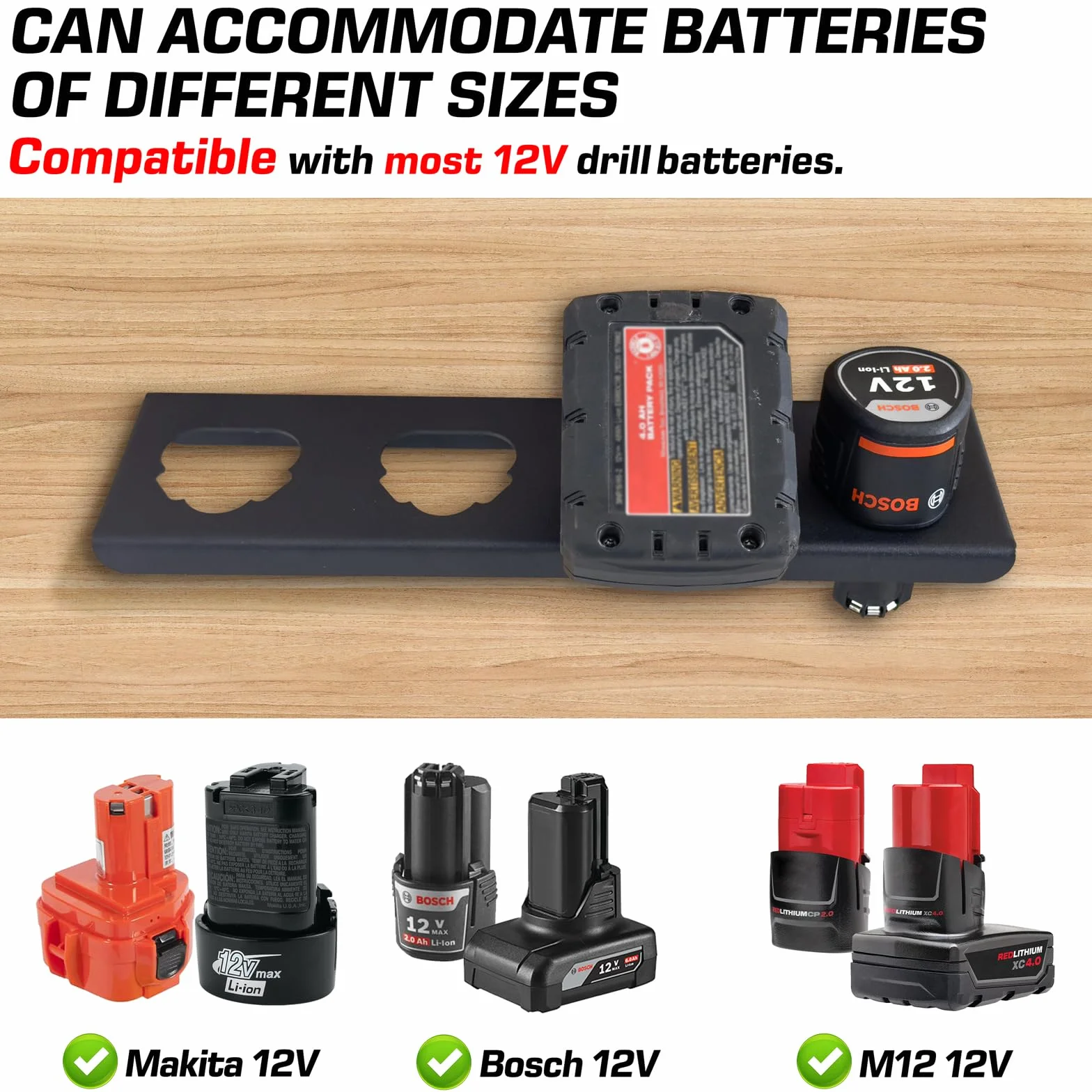 4-slotowy Uchwyt na Baterie Mocowany do Ściany Kompatybilny z Bosch 12V / Milwaukee 12V / Makita 12V Akumulatorami, Montaż na Tablicach Perforowanych i Ścianach