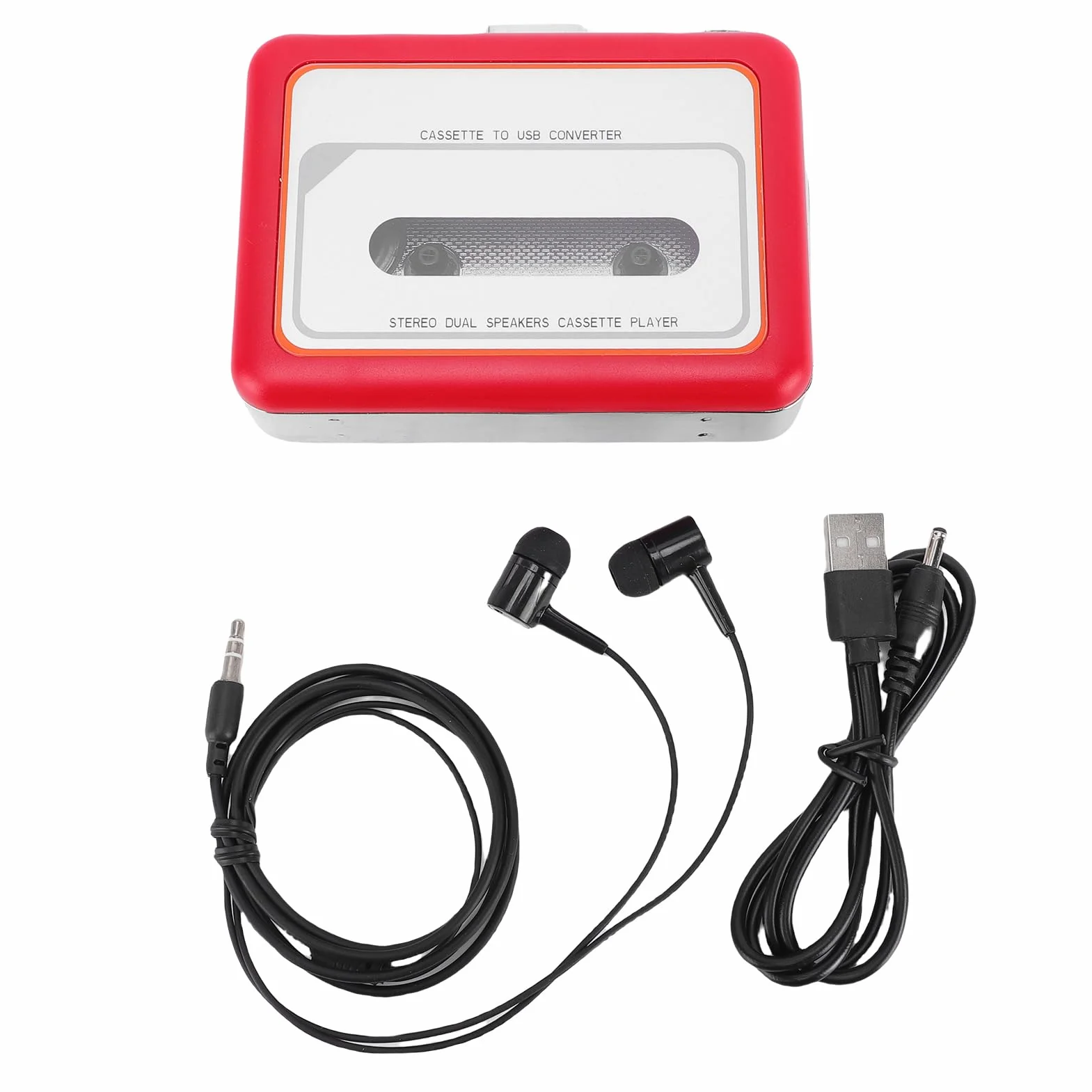 Odtwarzacz Kasetowy, Przenośny Konwerter Kaset na MP3, Odtwarzacz z Gniazdem Słuchawkowym 3,5 Mm, Słuchawki, Wbudowany Głośnik, Konwerter Taśmy na cyfrową, 2 Baterie AA/zasilanie Przez USB