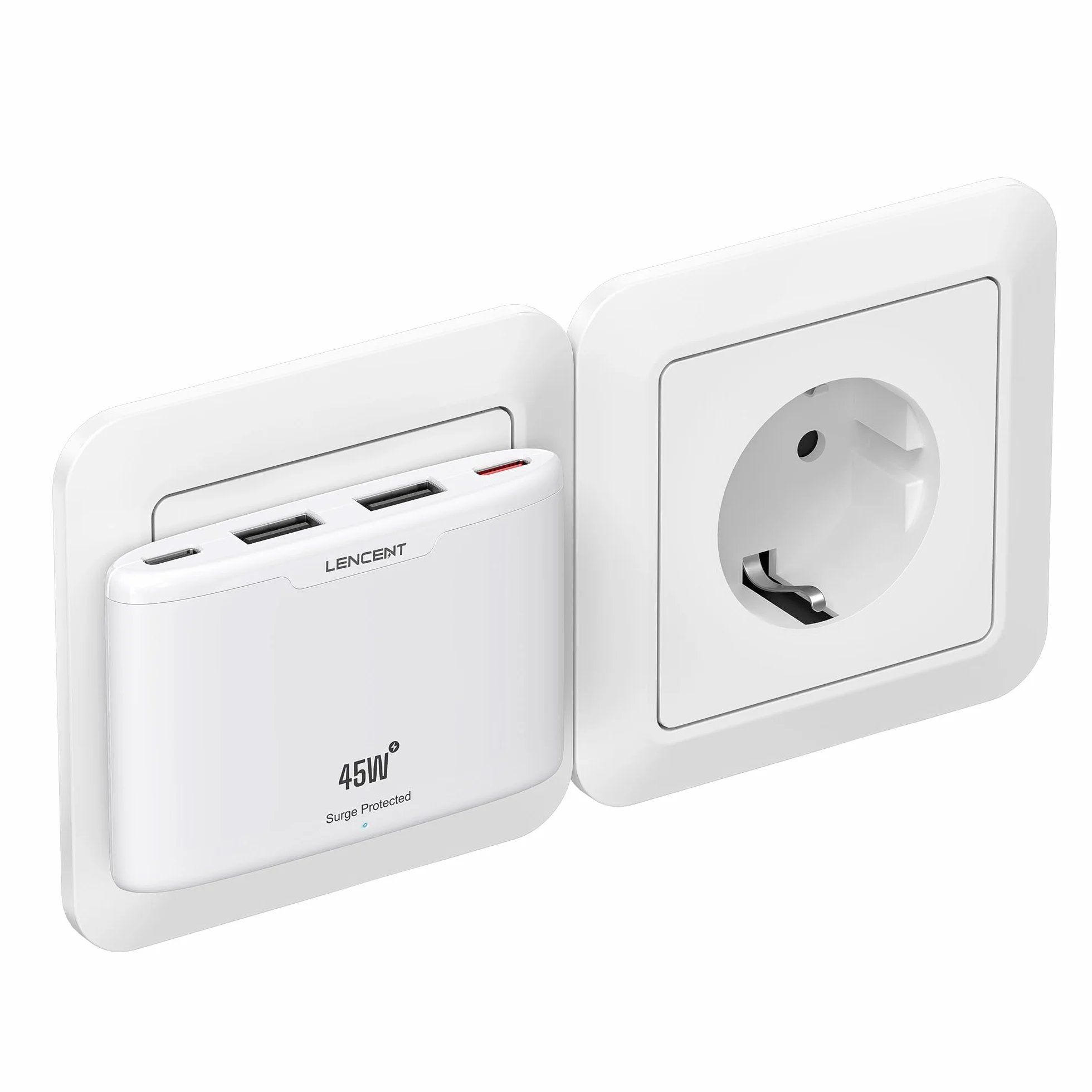 LENCENT Płaska ładowarka USB C Slim 45 W, szybka ładowarka, zasilacz | 4-portowy, cienka wtyczka do ładowania, z GaN-Tech, kompatybilna z iPhone 17/16/15, iPad, telefonem komórkowym, tabletem