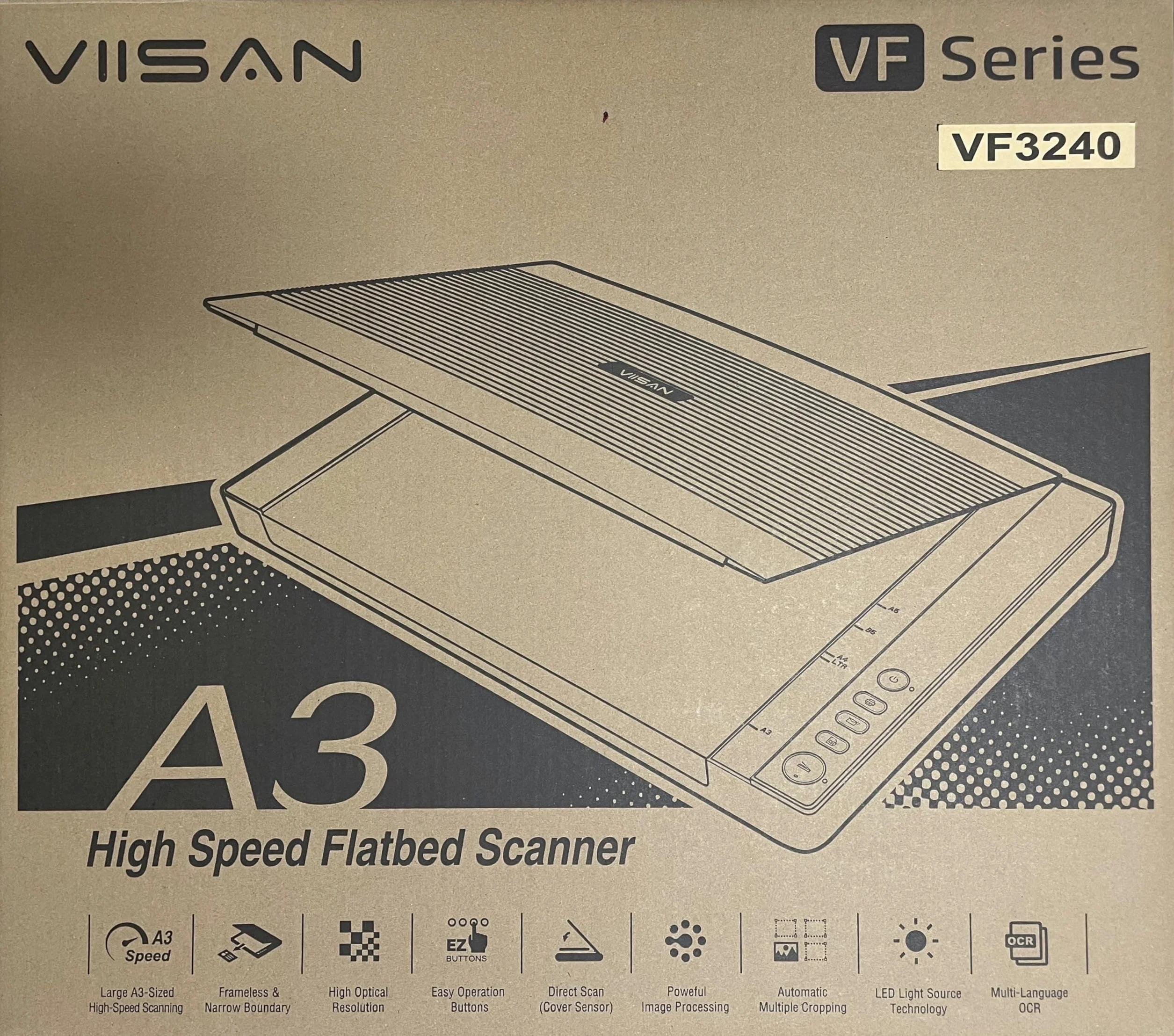 Viisan VF 3240, skaner płaski DIN-A3. Maksymalna rozdzielczość 2400 x 2400 DPI. Oprogramowanie do edycji obrazów i rozpoznawania tekstu.