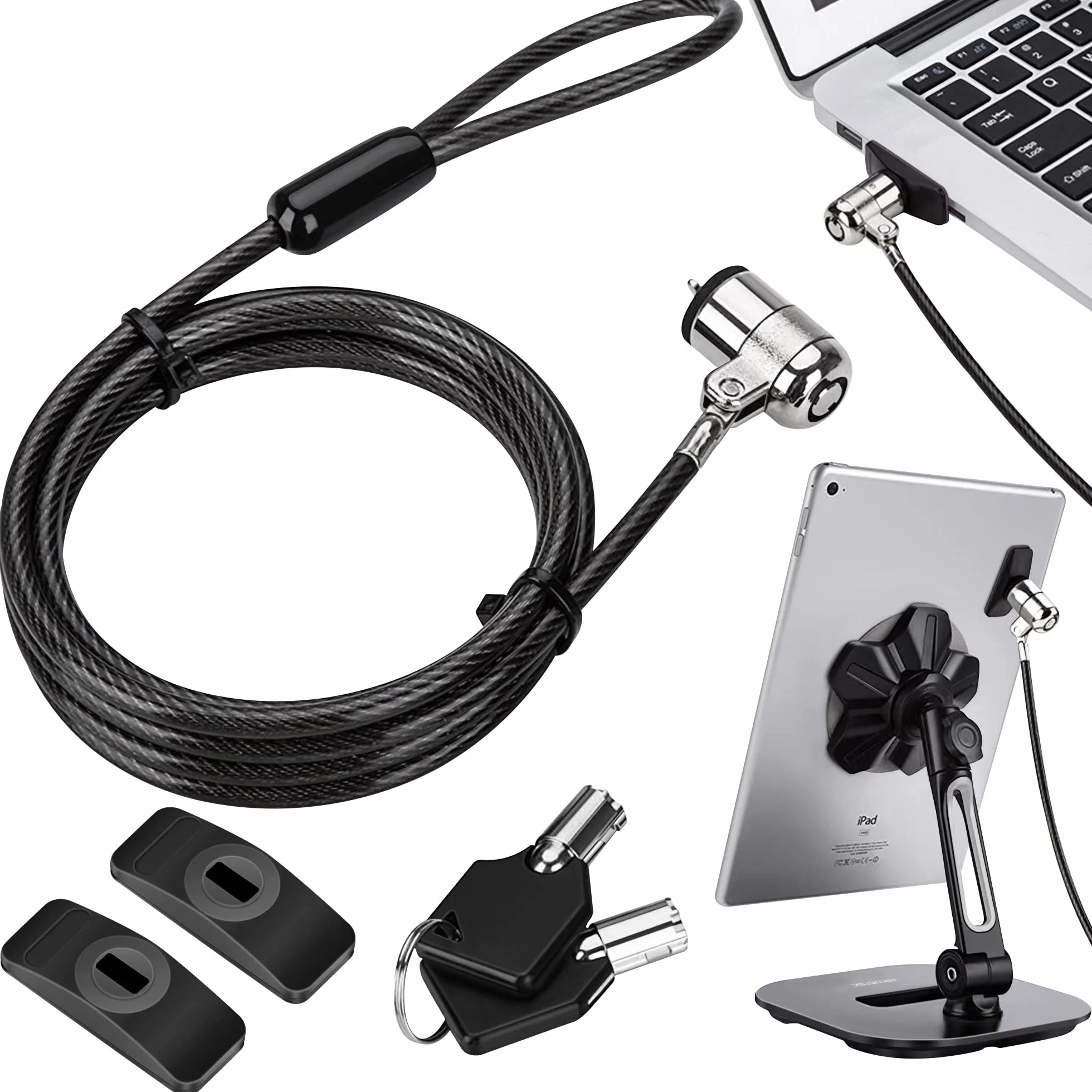 AboveTEK Blokada laptopa, kabel zabezpieczający do tabletu, 2 klawisze, trwały, stalowy zestaw blokujący z kotwicami samoprzylepnymi, ochrona sprzętu, ochrona przed kradzieżą, do telefonu, notebooka