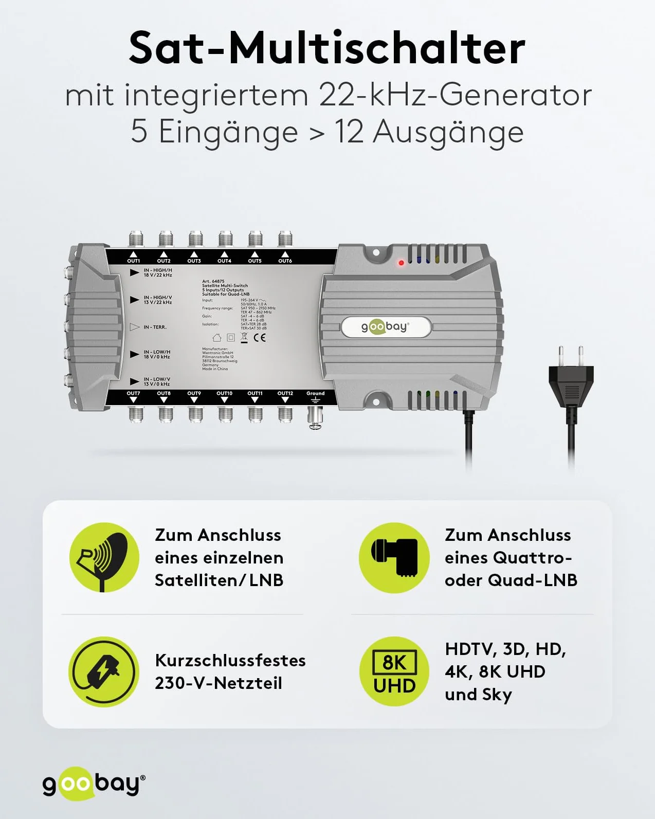 goobay 64875 Multiprzełącznik satelitarny/kompaktowy multiprzełącznik / 5 wejść / 12 wyjść / 4K, 8K UHD/DAB+ / dla 12 użytkowników