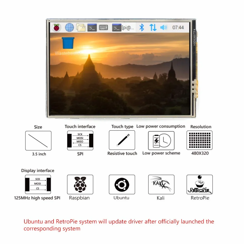 CUQI Dla Raspberry Pi 4 Ekran dotykowy z obudową 3.5 cala 60 FPS Monitor z rozdzielczością 480 x 320 i mini wentylatorem, radiatorem, obudowa zaprojektowana dla Raspberry Pi 4