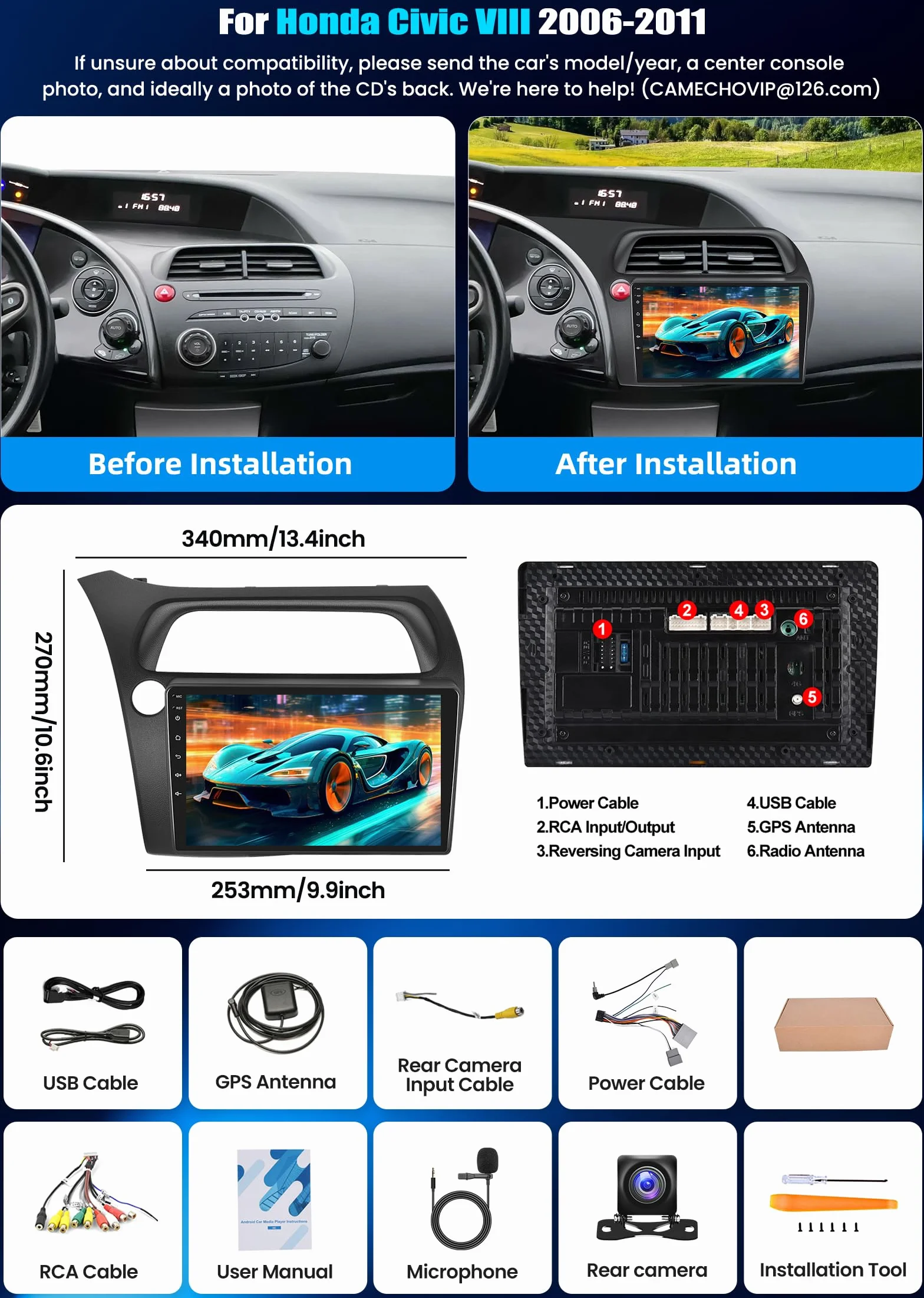 CAMECHO [2+64 GB] Android 15 CarPlay do Honda Civic VIII (2006–2011) radio samochodowe z nawigacją bezprzewodowym Android Auto ekranem dotykowym 9″ WiFi Bluetooth MirrorLink FM/RDS + kamera cofania
