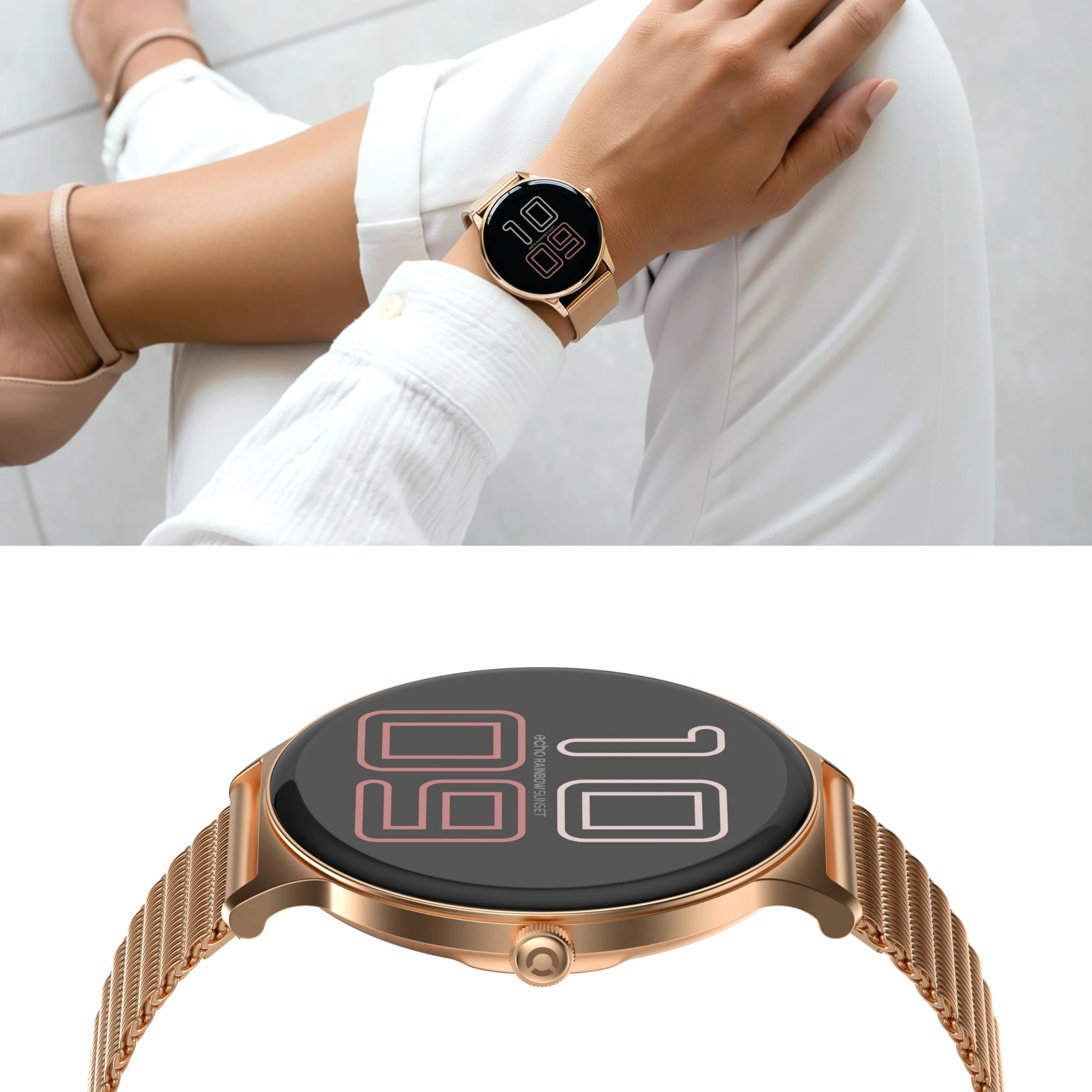 Echo Rainbow Sunset Męski damski smartwatch, wodoodporny zegarek sportowy IP67 z krokomierzem, śledzenie zdrowia, sen, 100 trybów, ekran AMOLED 1,43", autonomia 7J, iOS Android, różowe złoto
