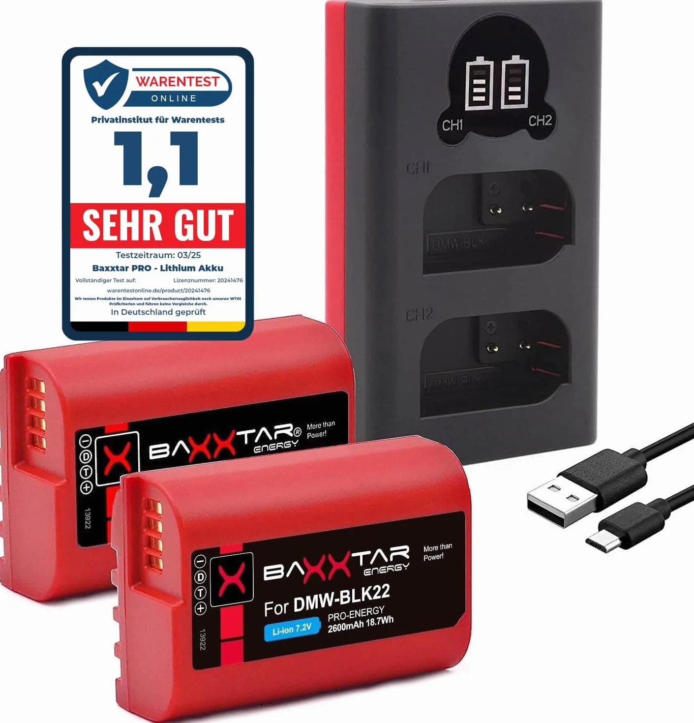 Baxxtar Ładowarka Dual (LCD USB-C Micro-USB) z 2 bateriami zamiennymi do Panasonic DMW-BLK22 2600 mAh kompatybilna z Lumix DC-S5 DC S5II S5II-X S5IIX S5IIX S5K G9 GH5 GH5II GH5S GH6 GH7 | Baxxtar 2x Akumulator DMW-BLK22 + Ładowarka – bezpieczne ładowanie,