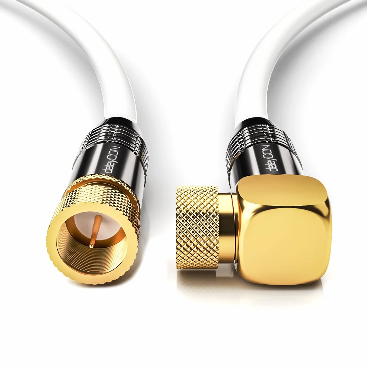 deleyCON 1m SAT Kabel Antenowy Satelitarny Koncentryczny - HDTV Full HD 4K - Wtyk F 90° Kątowy do Wtyk F Prosty - Biały