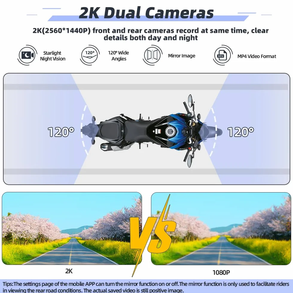 VSYSTO Kamera motocyklowa, kamera motocyklowa, 120° szeroki kąt przedni i tylny aparat motocyklowy, 2K/25 FPS Dashcam motocykl, 5G WiFi wodoodporna kamera sportowa z noktowizorem, czujnik G