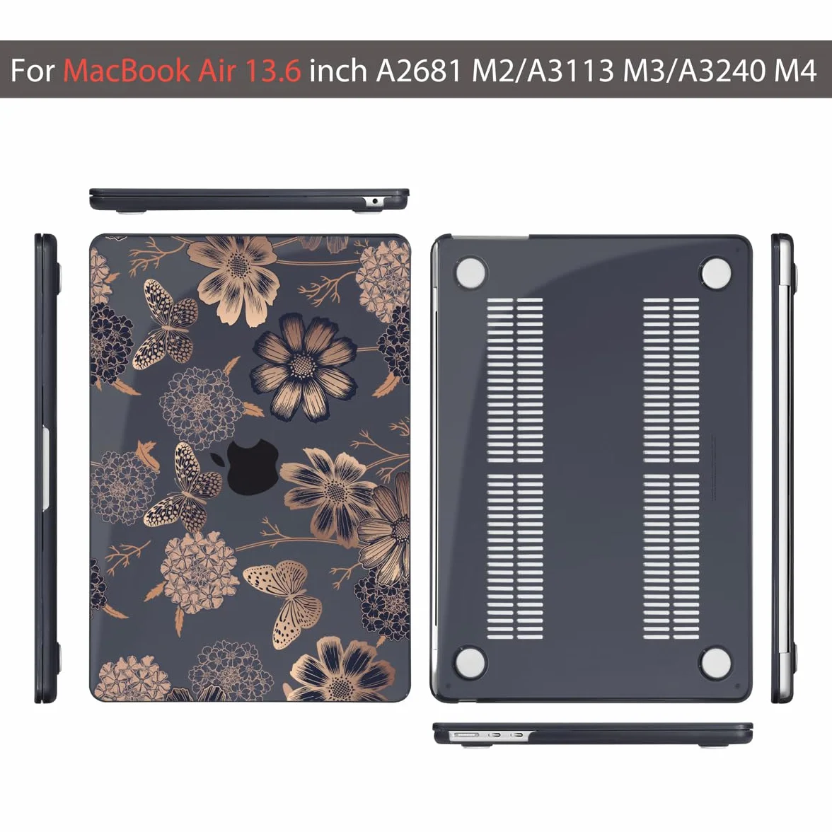Teryeefi Etui do MacBook Air M2 M3 M4 13,6 2022 2023 2024 2025 A2681 A3113 A3240, przezroczysta twarda obudowa z osłoną klawiatury i adapterem USB 3.0 i osłoną ekranu, złoty kwiatowy motyl