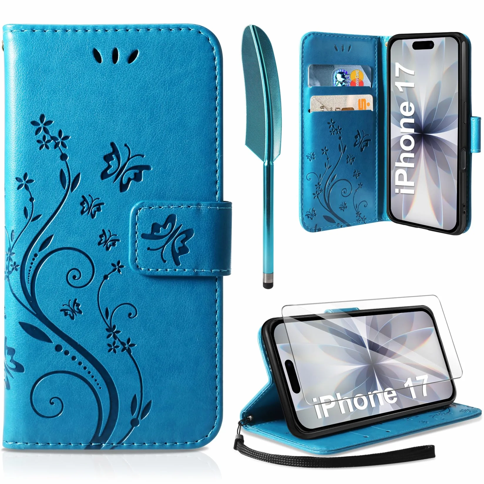Etui kompatybilne z iPhone 17 z osłoną ekranu ze szkła hartowanego, portfelowe ze skóry PU, składany stojak, magnetyczne, niebieskie
