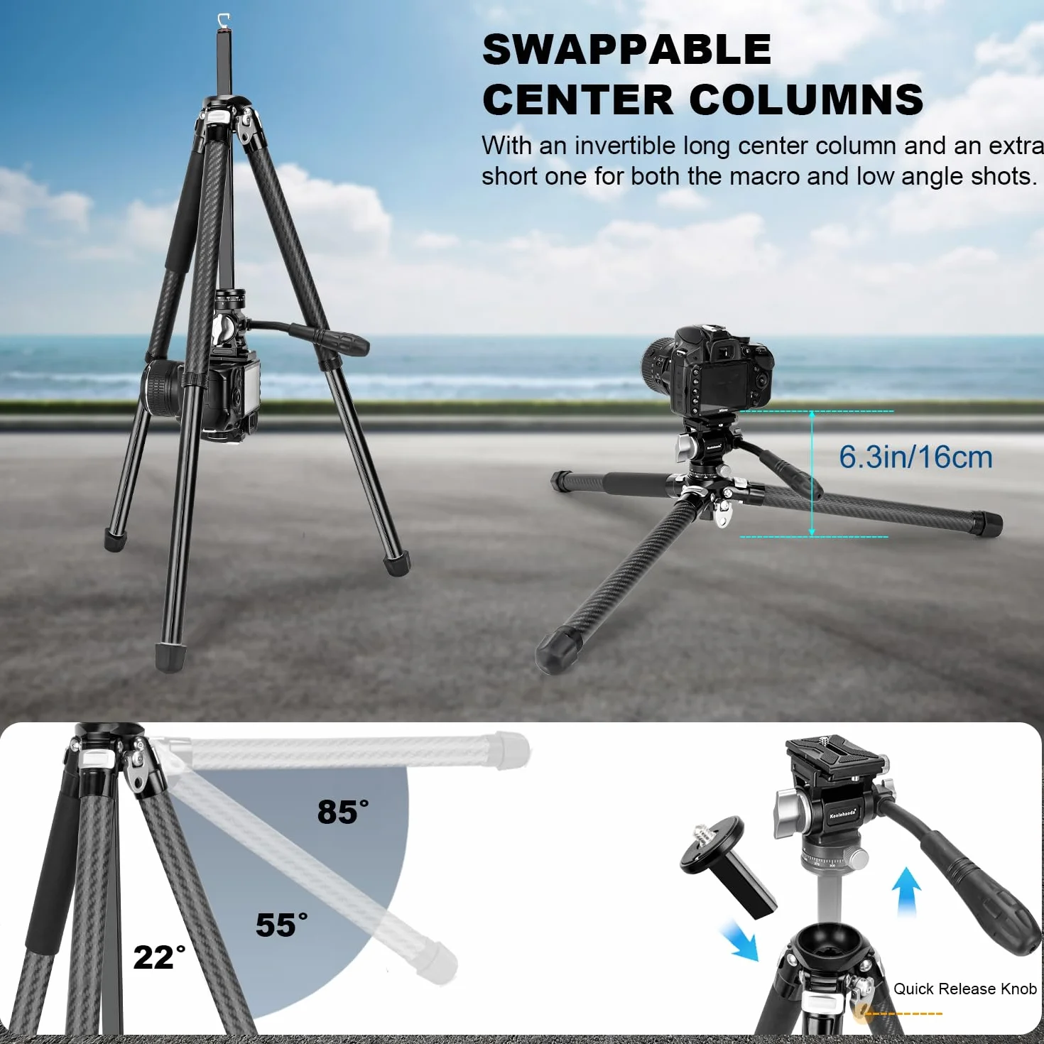 Koolehaoda Statyw do wideopodróży, lekki aluminiowy statyw fotograficzny o długości 160 cm z płynną głowicą panoramiczną 360° i szybkim montażem nóg do podróży, wideo, transmisji na żywo i vlogów