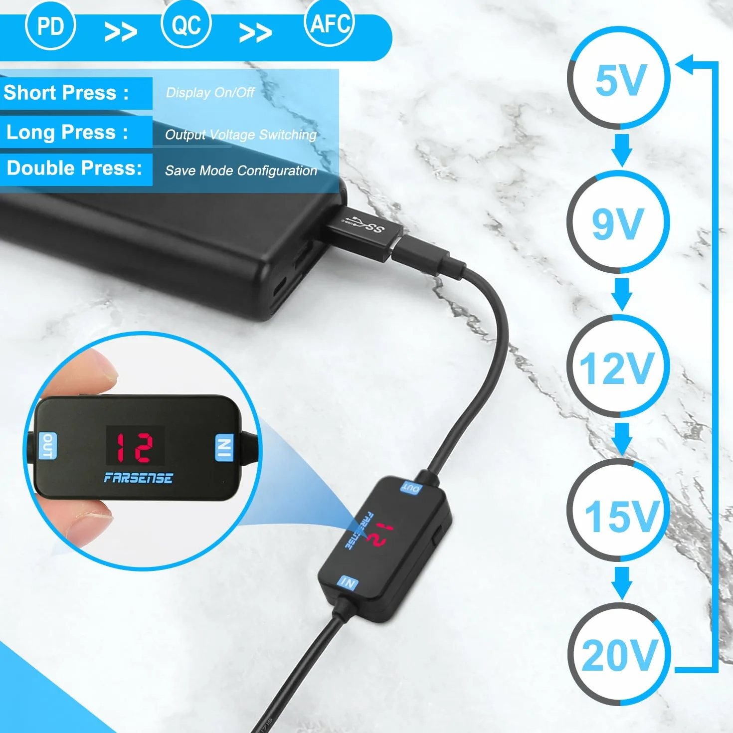 FARSENSE Adapter USB C na DC, kabel wyzwalający PD (1,5 m) z 10 końcówkami Connecor, kabel zasilający USB na DC może przełączać napięcie poprzez naciśnięcie klawisza i obsługuje napięcie wyświetlacza