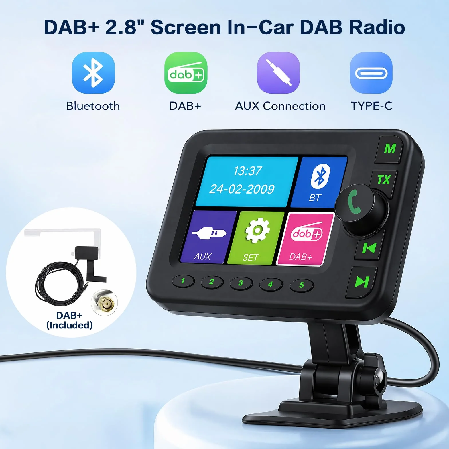 Inefala DAB+ adapter do radia samochodowego, kolorowy ekran LCD 2,8 cala z zestawem głośnomówiącym Bluetooth, nadajnik Dab, nadajnik FM, wejście AUX, odtwarzanie muzyki z kart TF, ładowarka