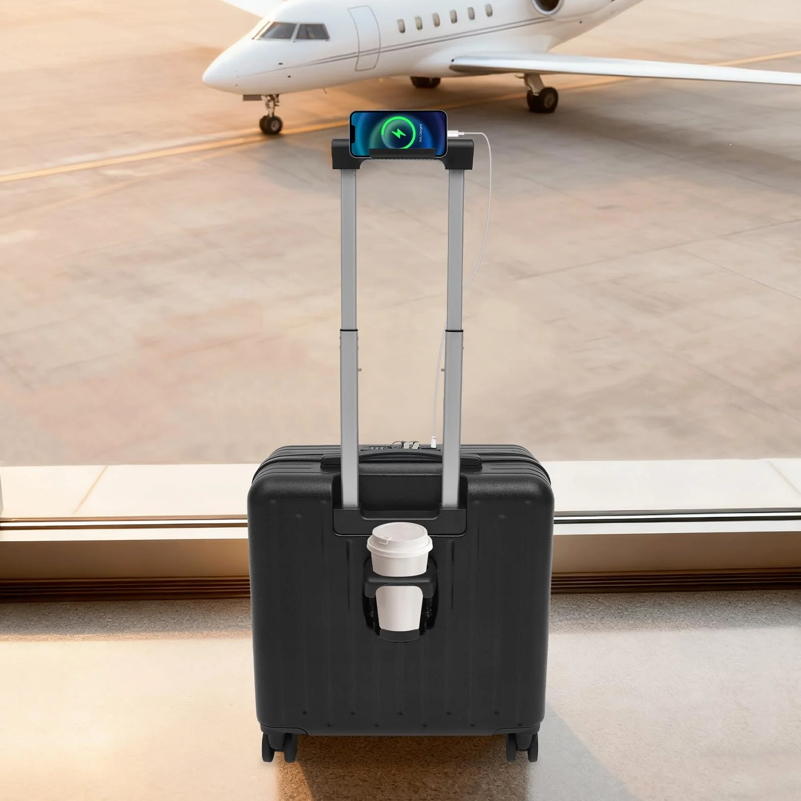 Walizka kabinowa 18″ z 3-cyfrowym zamkiem kodowym, przegródki na laptopa, port USB, uchwyt na napoje, ciche kółka obrotowe, wózek podróżny i biznesowy, czarny