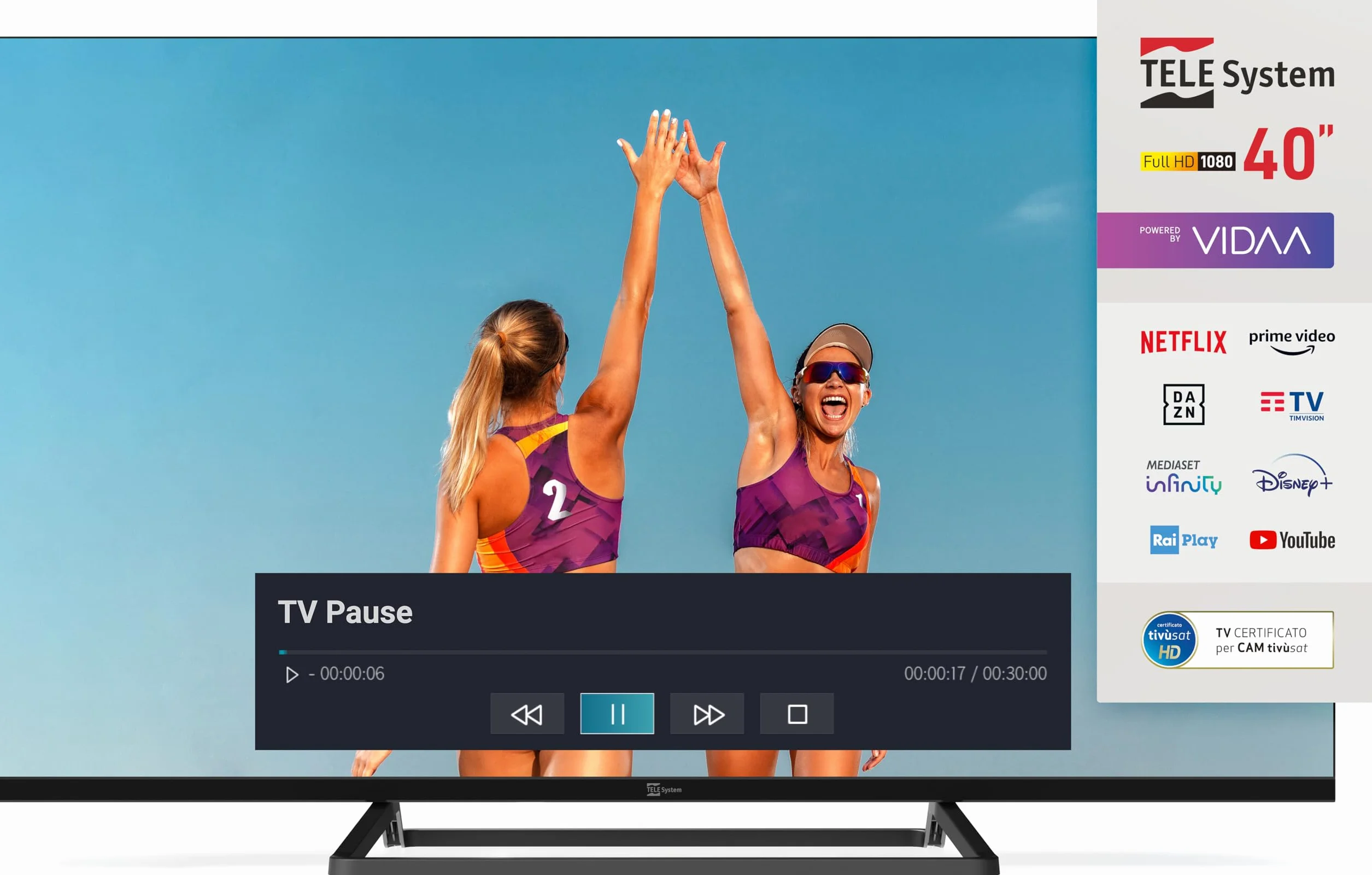 TELE System Smart TV 40 cali Full HD LED Frameless, certyfikat CAM tivùsat, HbbTV, HDR10 HLG, zasilany przez VIDAA, podwójny pilot w zestawie.
