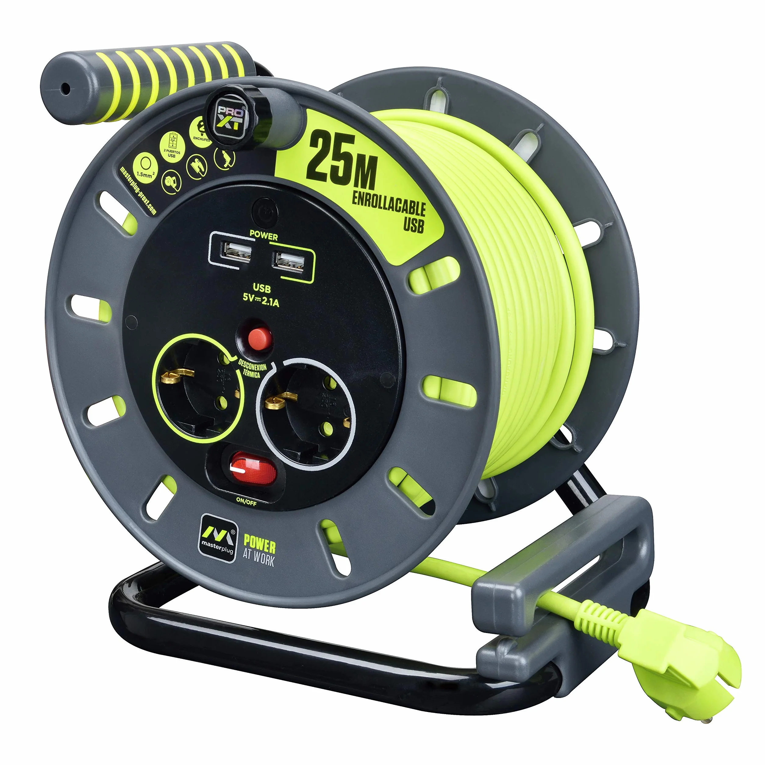 Masterplug Pro-XT bęben kablowy, 25 m, USB, przedłużacz, 4 Schuko + USB, 3000 W, szary/pistacjowy zielony