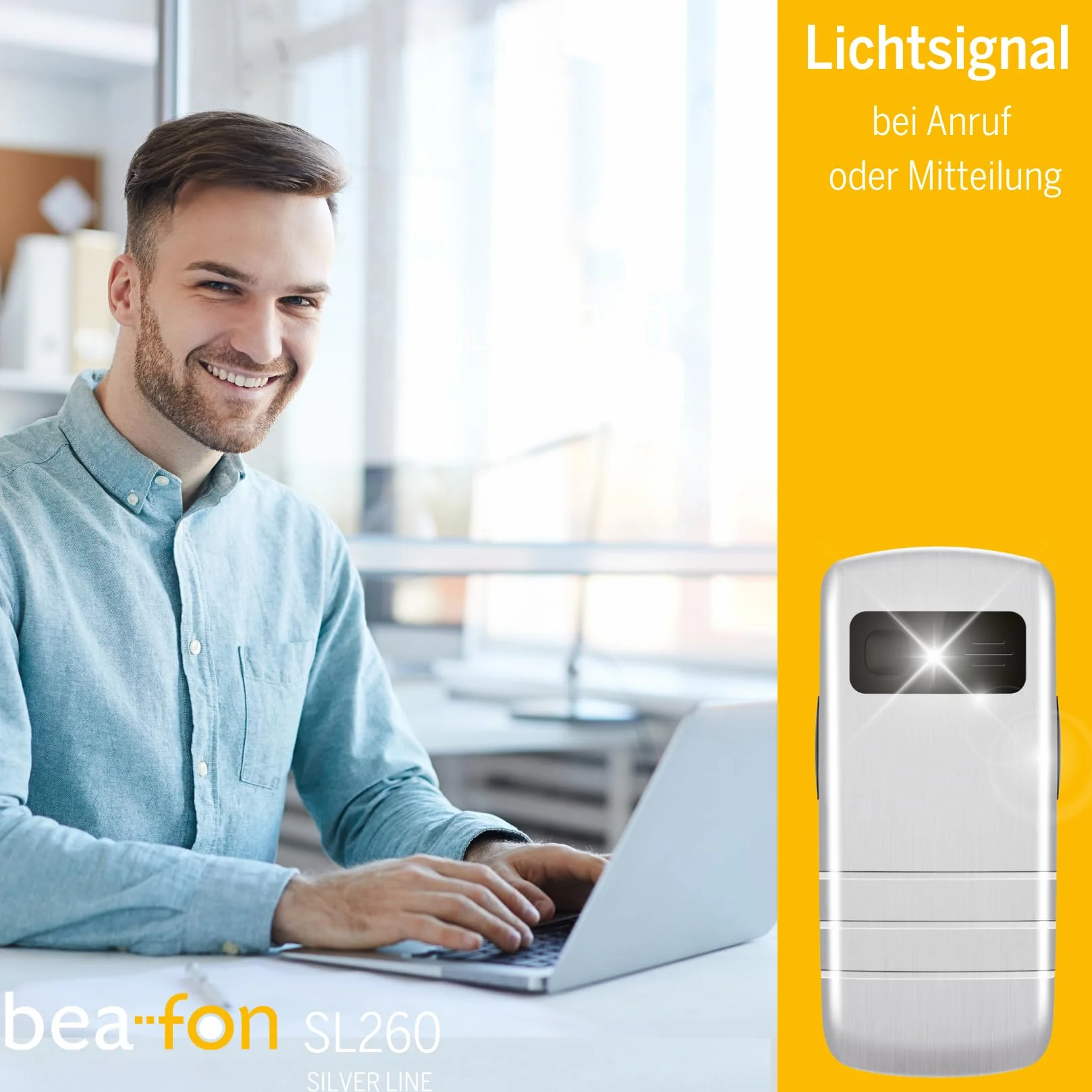 Beafon, SL260, Silverline, telefon z przyciskiem, telefon komórkowy dla seniorów z przyciskiem alarmowym SOS, kompatybilny z aparatami słuchowymi, M4/T4, sygnał świetlny, wyświetlacz 2,2" (5,58 cala