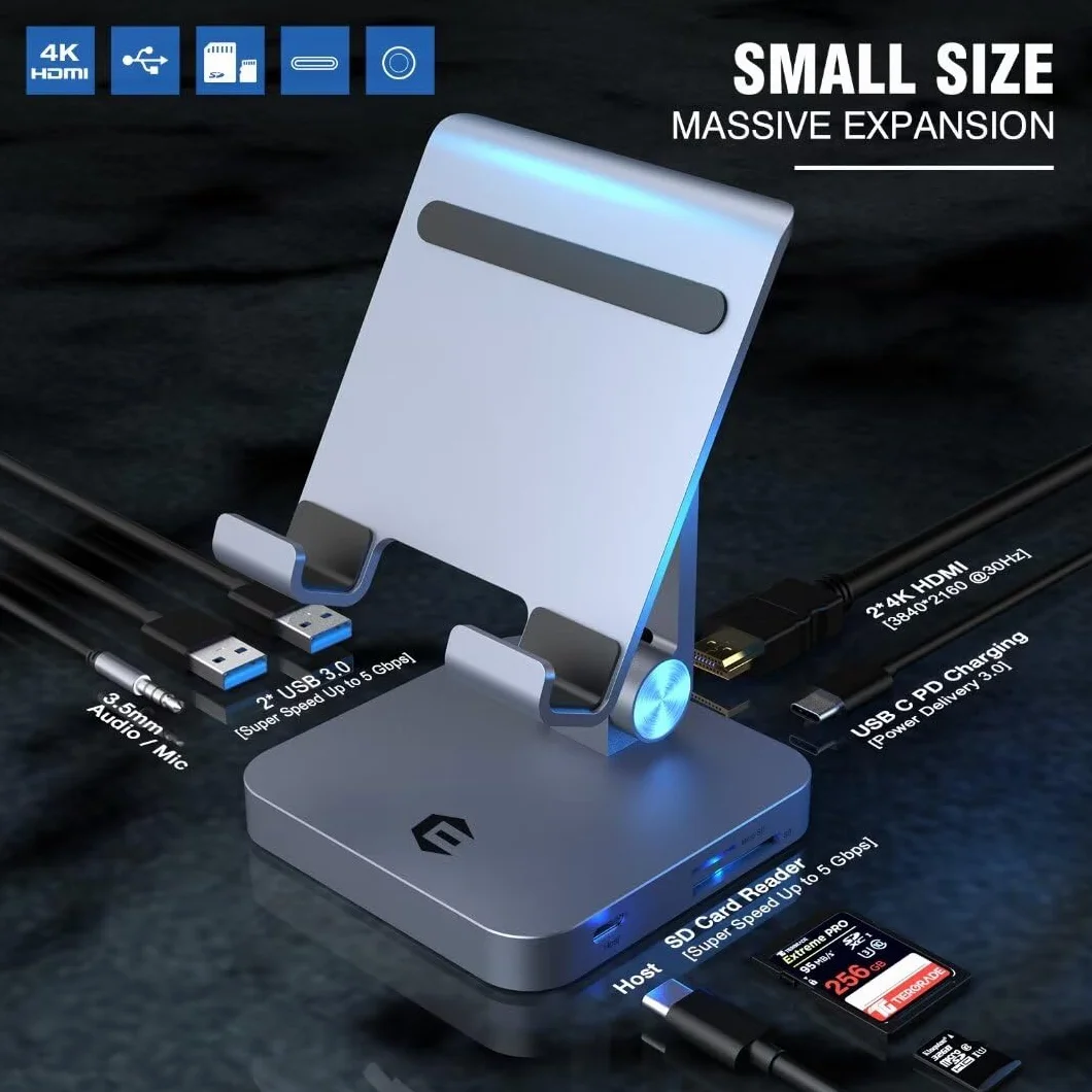Przenośna stacja dokująca do laptopa 8 w 1, koncentrator USB C ze stojakiem, adapter typu C z HDMI 4K, 2 USB-A 3.0, 100 W PD, gniazdo audio 3,5 mm, czytnik kart SD/TF do tabletów Surface/USB C