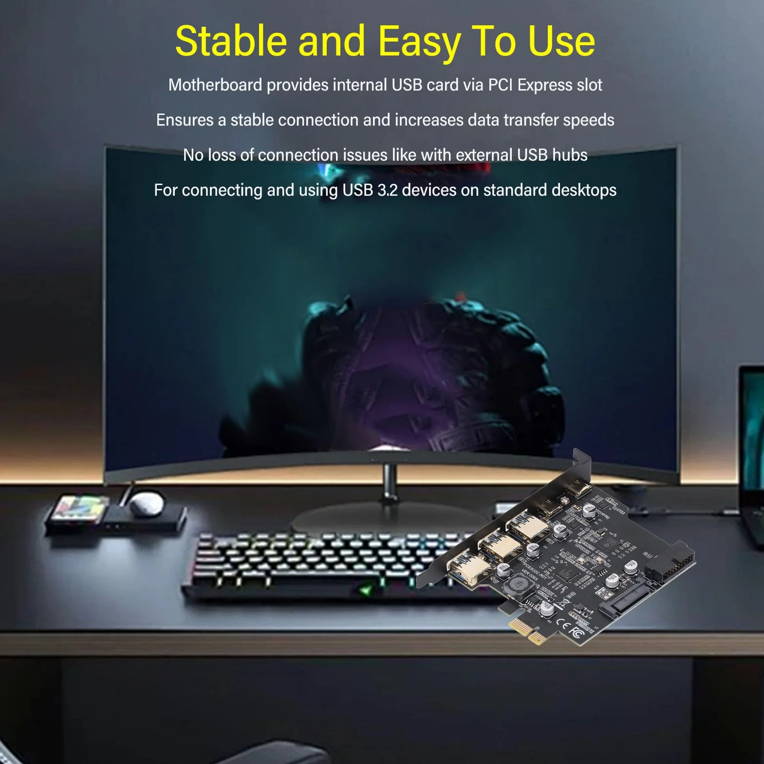 Tnfeeon Karta rozszerzeń PCIe USB 3.2 Gen 2 5-portowy Szybki Transfer Danych 20 Gb/s do Komputerów Stacjonarnych Użytkownicy Laptopów Podłącz Wiele urządzeń Jednocześnie za pomocą Portów