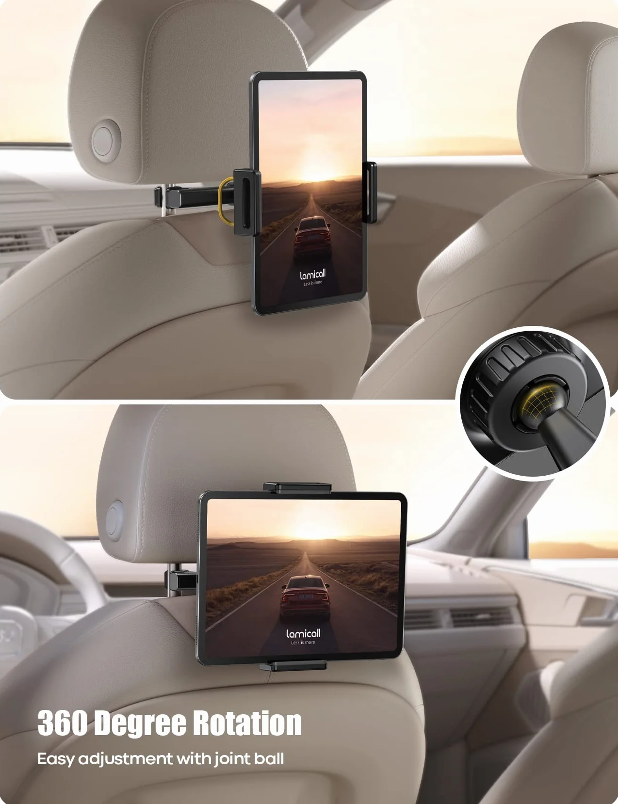 Lamicall Uchwyt samochodowy do tabletu, uchwyt na zagłówek – 2024 uniwersalny uchwyt samochodowy do iPad Pro 9.7, 10,5, 11, 12,9, iPad Air Mini 6 5 4 3 2, Tab, smartfonów
