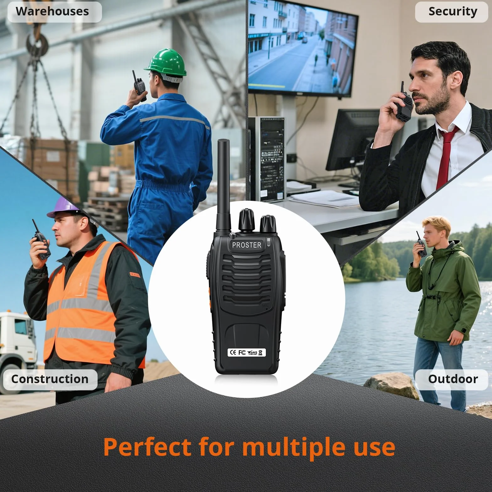 Proster Walkie Talkie 16-kanałowe radiotelefony PMR z komunikatem głosowym Akumulator z ładowarką USB i słuchawkami - czarny (2 pary)