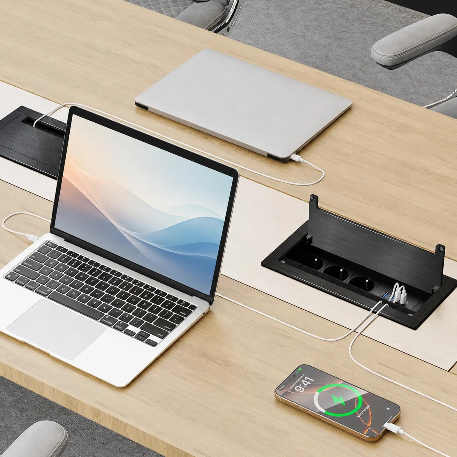 Gniazdko do zabudowy z aluminium, z 3 gniazdami wtykowymi i 4 portami USB (2 x USB-C PD 30 W, 2 x USB-A), chowane gniazdko stołowe na biurko i do biura, kabel 1,8 m, czarne