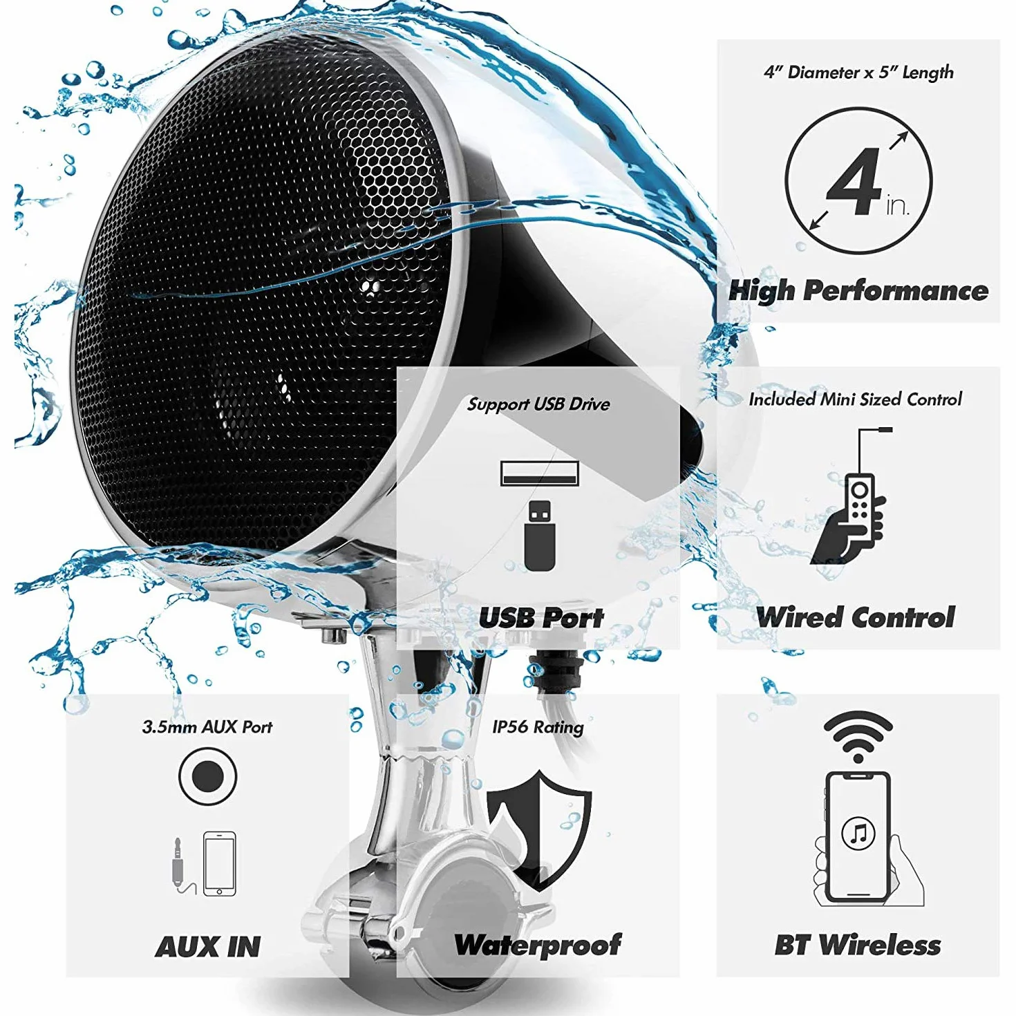 SPK350X 4” Full Range Wodoszczelny motocyklowy głośnik stereo z Bluetooth, z wzmacniaczem i systemem radiowym, do pojazdu typu ATV, RZR, UTV, quada, 4-kołowca (chromowany, kratka)