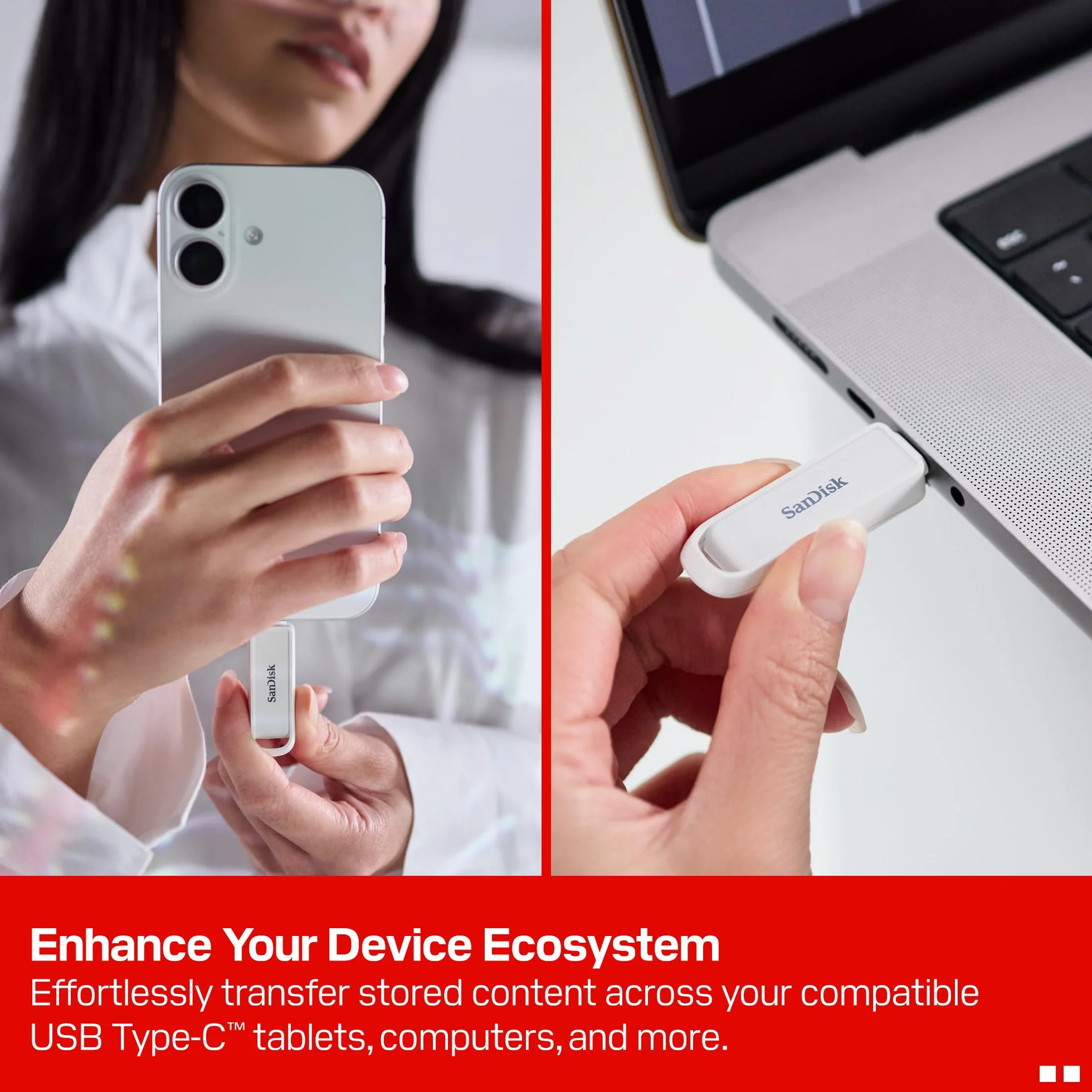 SanDisk Phone Drive z USB Type-C 1 TB (do telefonu, do smartfonów, tabletów i komputerów, prędkością 150 MB/s, Wykonuj automatyczne kopie, Dzięki odzyskiwaniu) - Arctic White