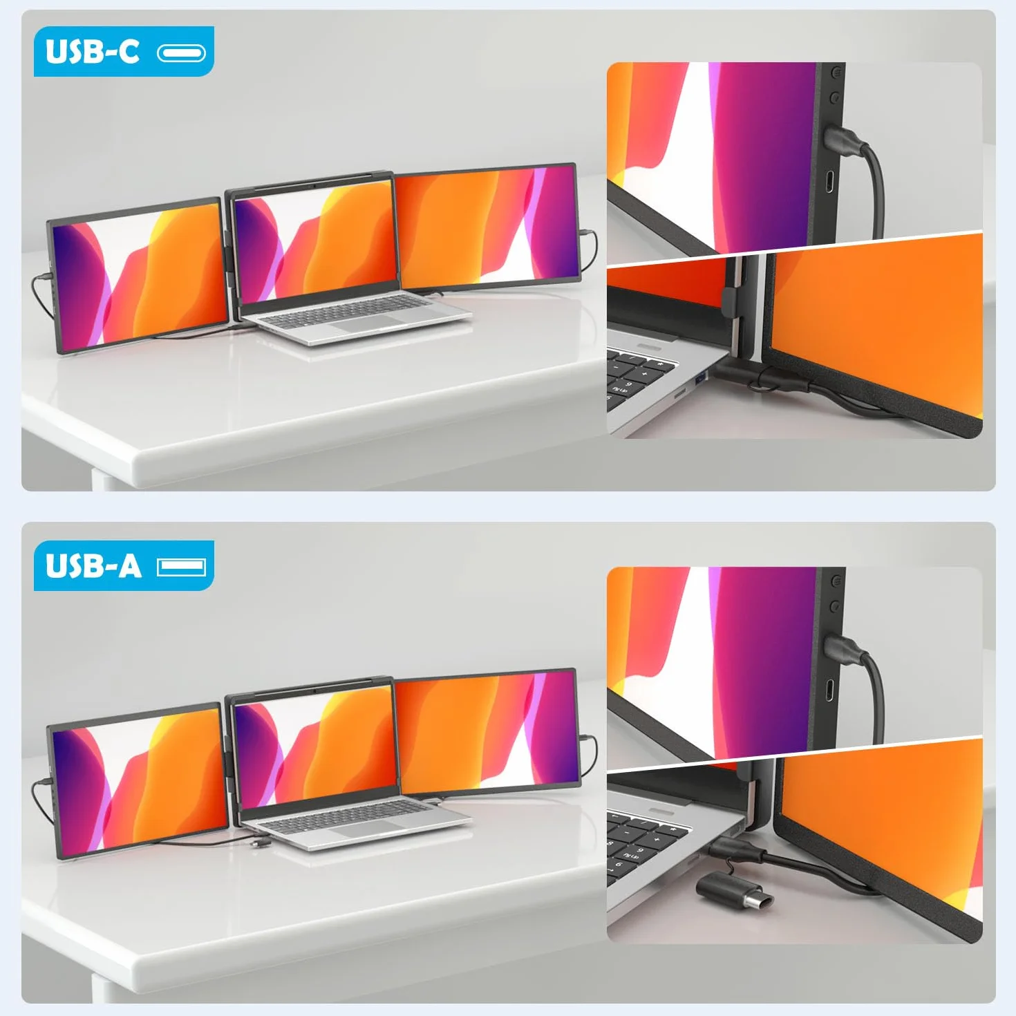 14.1 Cali IPS 1200P Przenośny Ekran Trójscreenowy do Laptopa (z USB Stacja Dokująca) 1920x1200 Dodatkowy Monitor do Laptopów 13-17" Kompatybilny z HDMI USB-A i USB-C do Podróży Biura i Domu